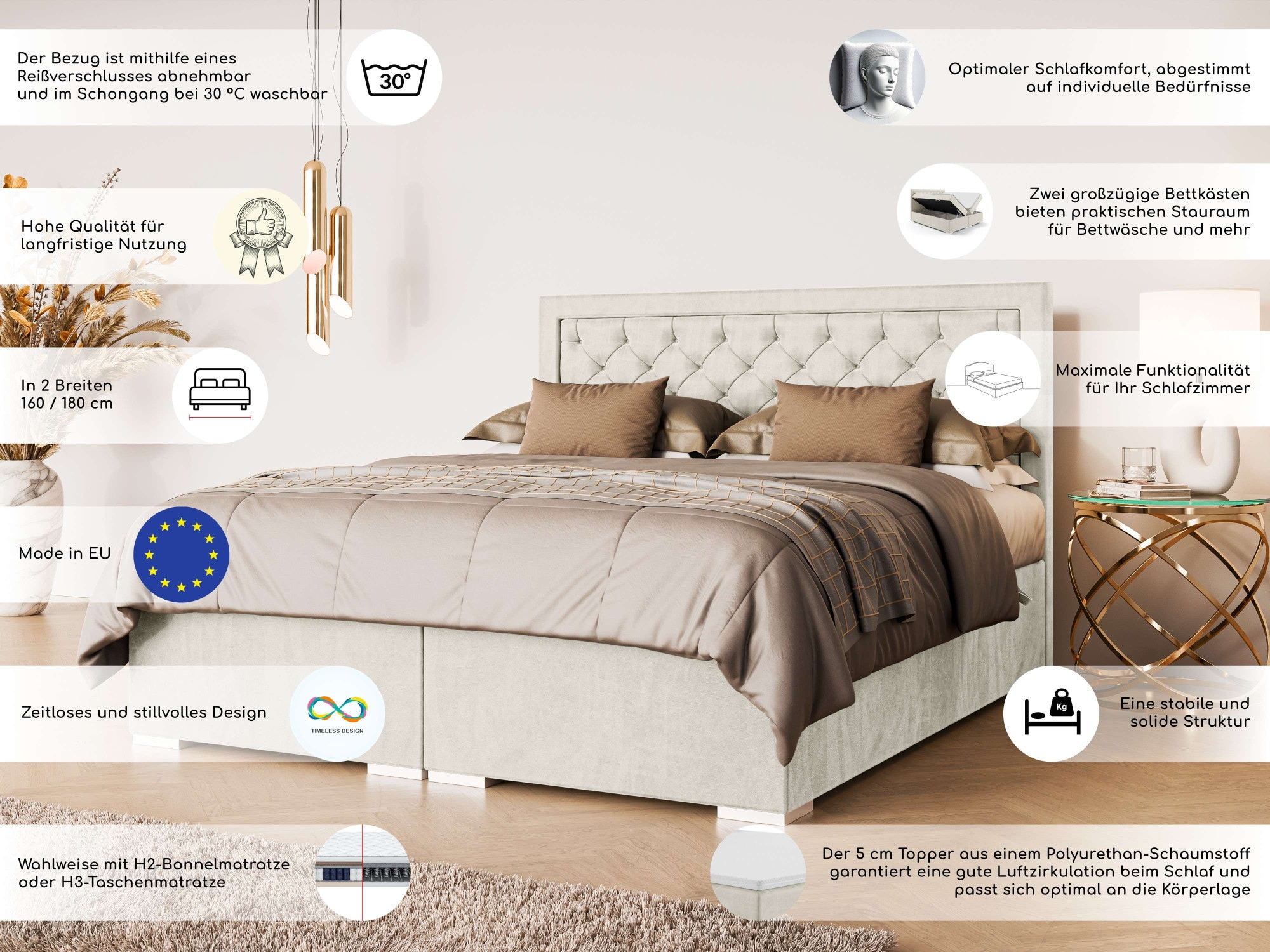 Leonique Polsterbett »SACY mit Matratze und Topper, in 2 Breiten (160 und 180 cm)«, Boxspringbett mit Kopfteil, Bettkasten, Matratze (BFK/TFK) und Topper