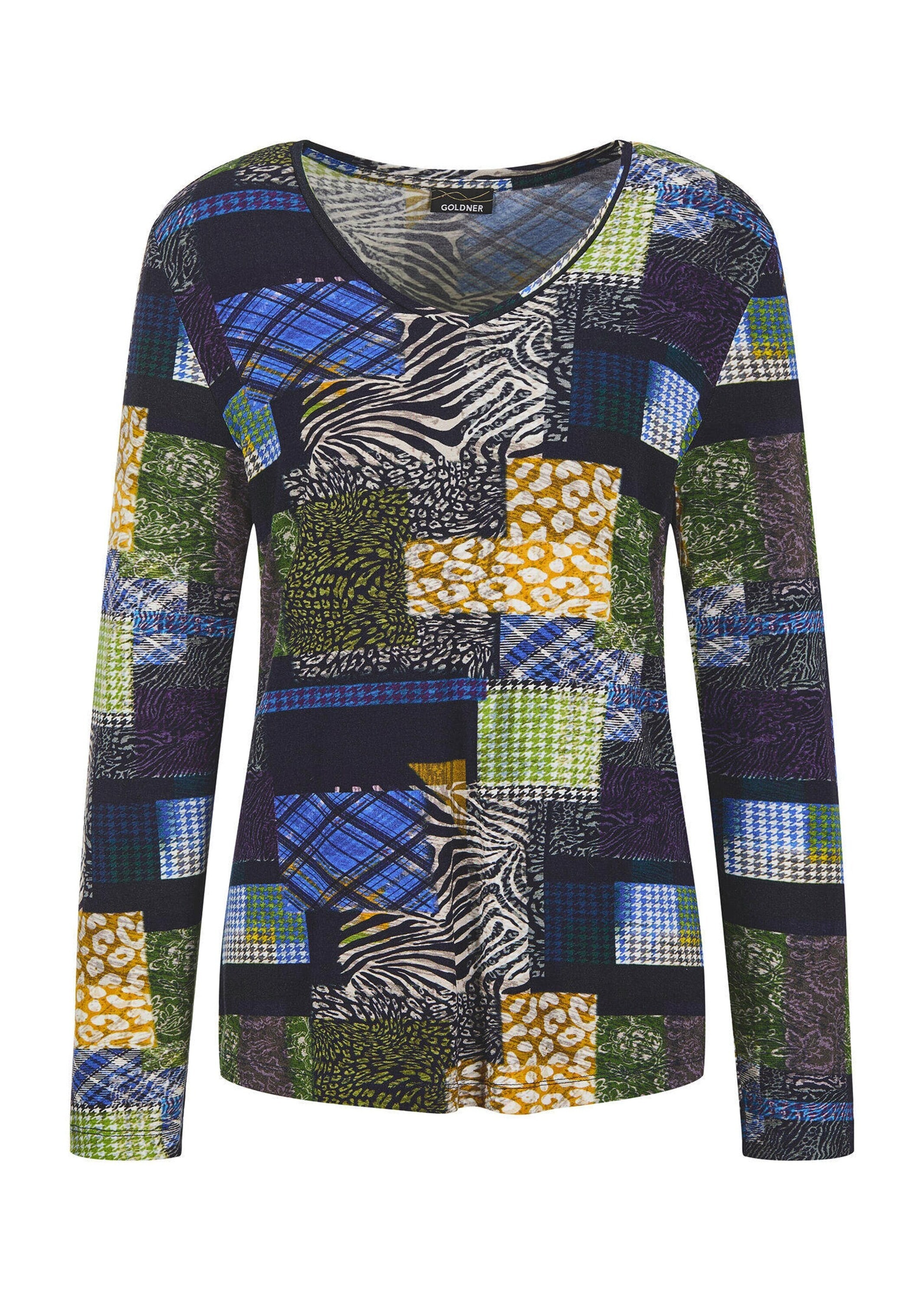 GOLDNER Langarmshirt "Langarm Viskose-Shirt mit V-Ausschnitt" Patch-Print günstig online kaufen