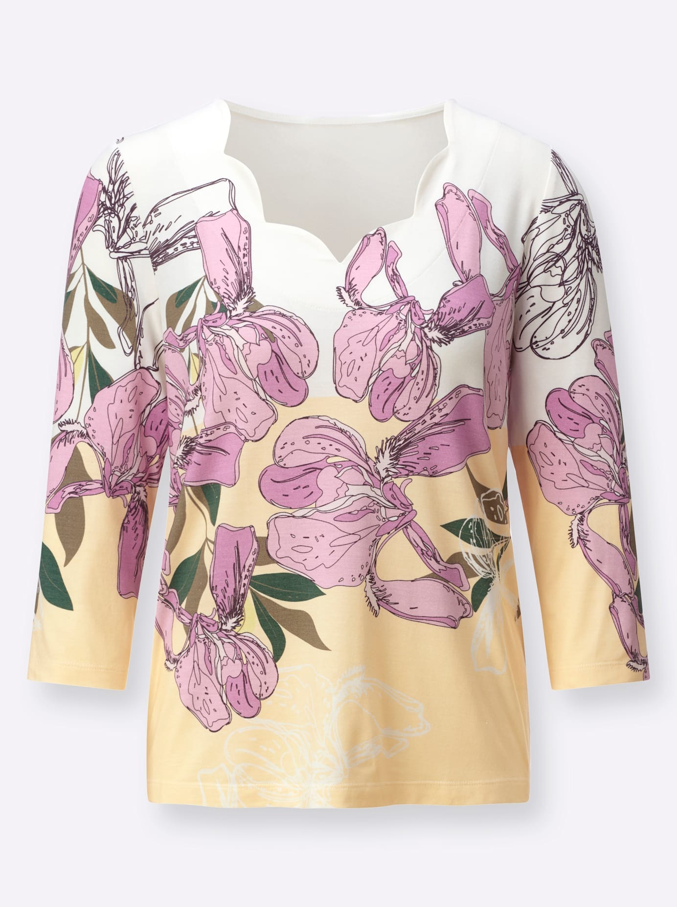 Print-Shirt CREATION L "Druck-Shirt", Damen, Gr. 44, ecru, orchidee, bedruckt, 95% Modal, 5% Elasthan, gemustert, mehrfarbig, V-Ausschnitt, Shirts 2