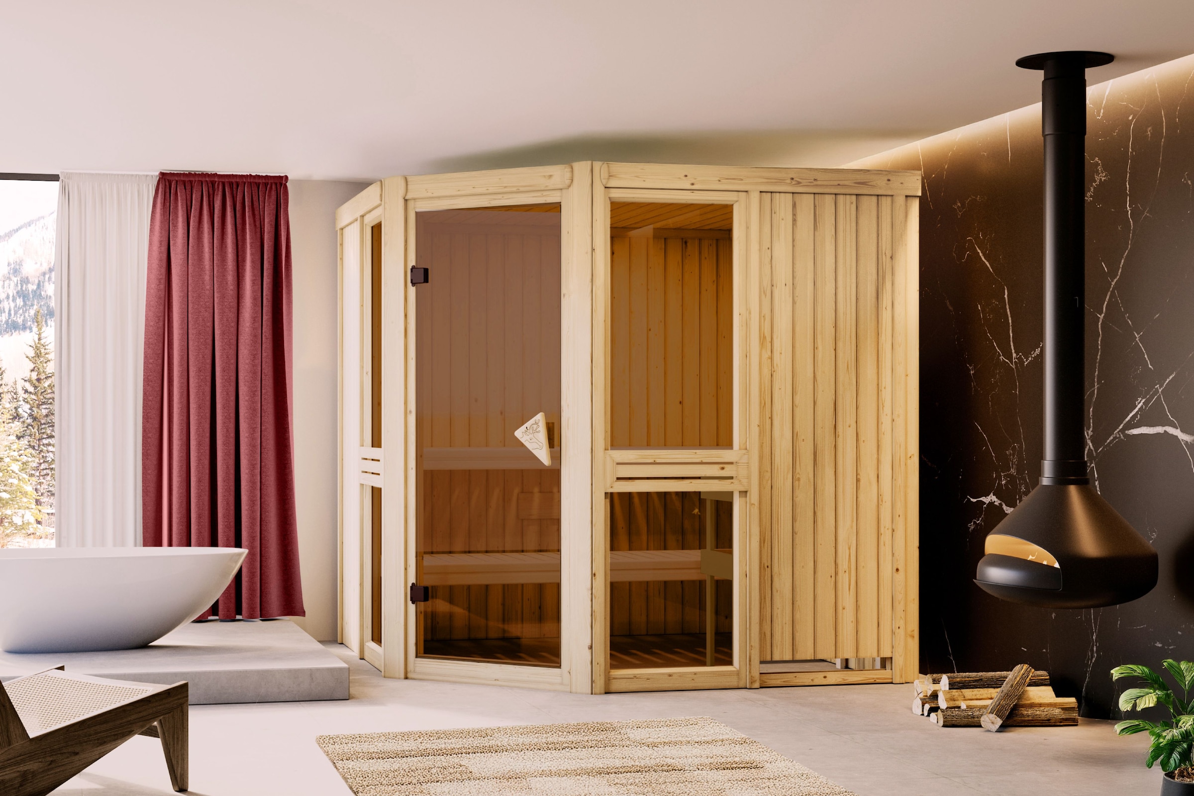 Karibu Sauna ""Agneta 2" naturbelassen" aus hochwertiger nordischer Fichte und 9 kW Ofen mit integr. Steuerung