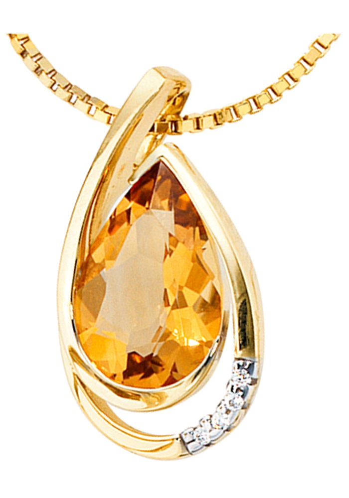 JOBO Kettenanhänger »Anhänger Tropfen«, 585 Gold mit 4 Diamanten und Citrin