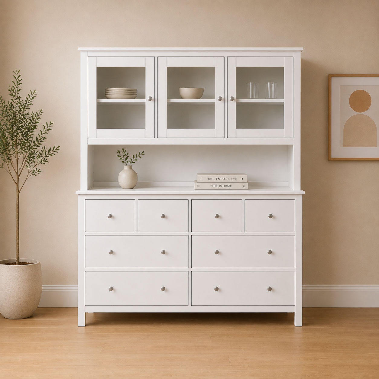 Inter Link Buffet "Pinora, Vitrine Kiefer Massivholz, Küchenschrank Weiss lackiert" 1 Stk. tlg. Geschirrschrank im Skandi Look, viel Stauraum, 160 x 39,50 x 197 cm