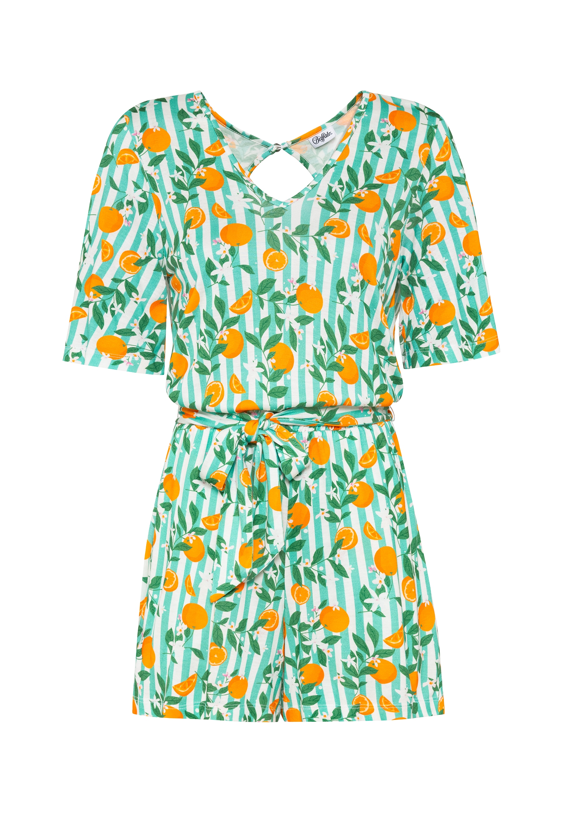 Buffalo Kurzoverall, (mit Bindegürtel), mit Alloverdruck, sommerlicher Jumpsuit, Strandmode