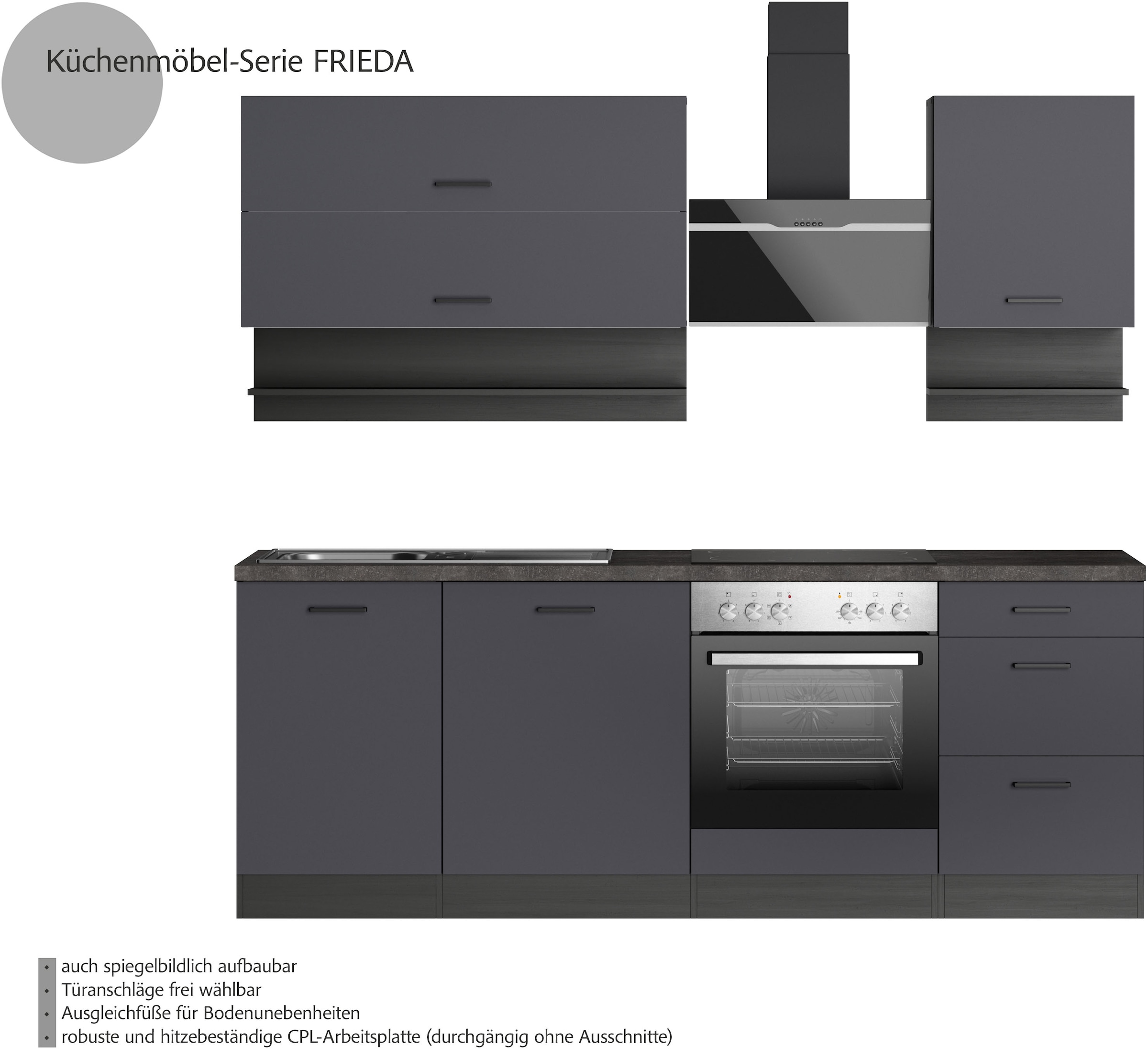 KOCHSTATION Küchenzeile »KS-Frieda«, wahlweise mit E-Geräten, mit 38mm starker Arbeitsplatte