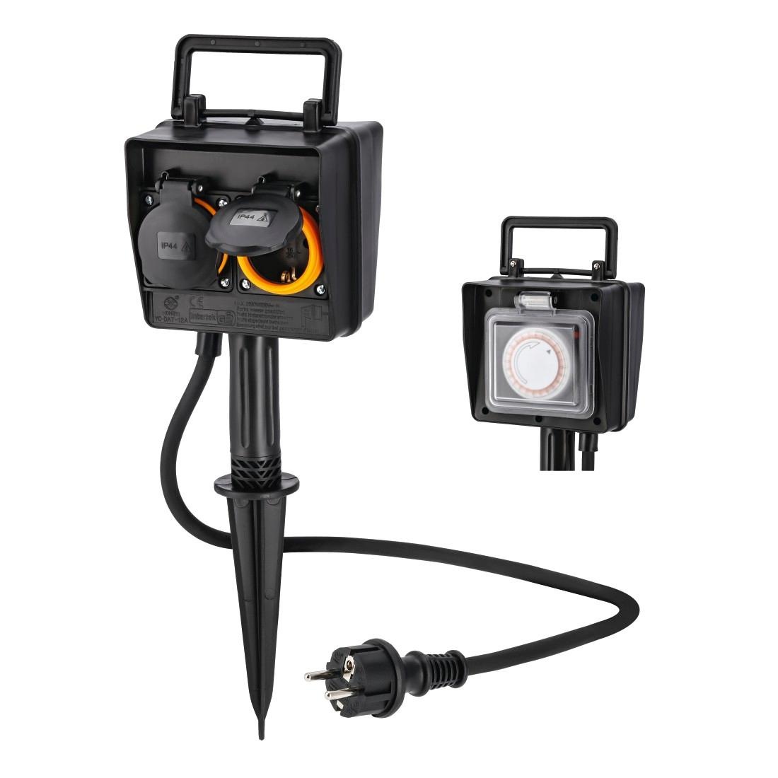 HAMA Steckdose "Außensteckdose 2-fach, mit Zeitschaltuhr und Erdspieß, wetterfest IP44"schwarz, Werkstatt, Steckdosen, Kabellänge 2m