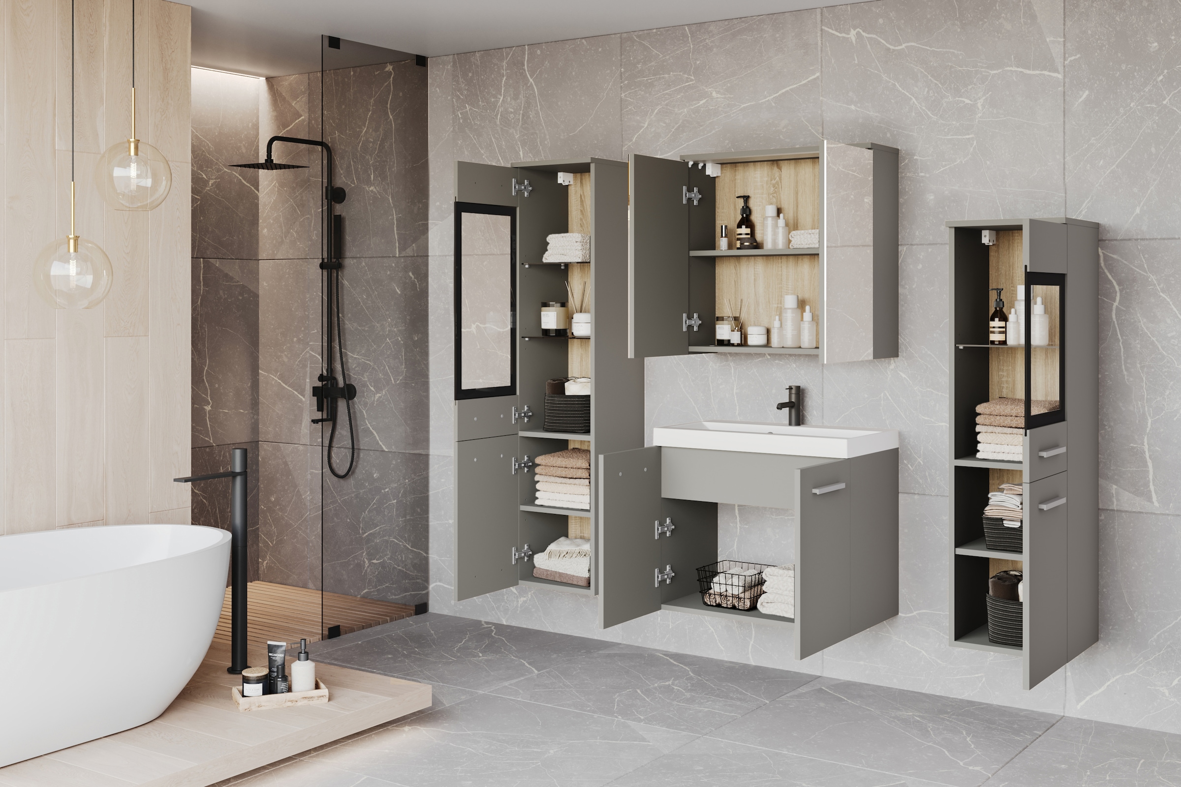 welltime Badmöbel-Set »MADRIT II, Schrank mit Waschbecken, 2 Hänger, Spiegelschrank«, (Komplett-Set, 5 St.), Hängende Badmöbel mit Glaseinsätzen – in vielen Farben erhältlich