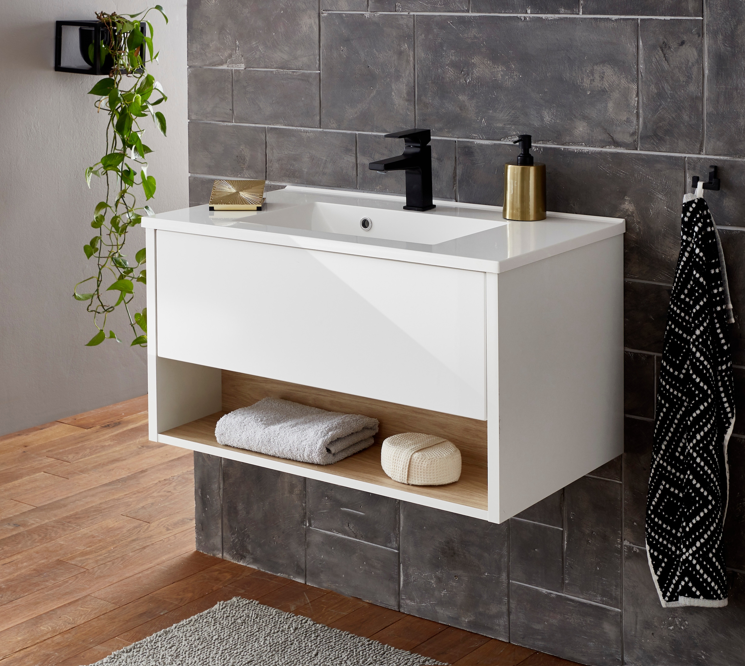 Places of Style Badmöbel-Set »Studio Line, Bad im modernen Design, 2-teiliges Badezimmer«, (2 St.), Waschtisch und Spiegel, in zwei Farben verfügbar, viel Stauraum