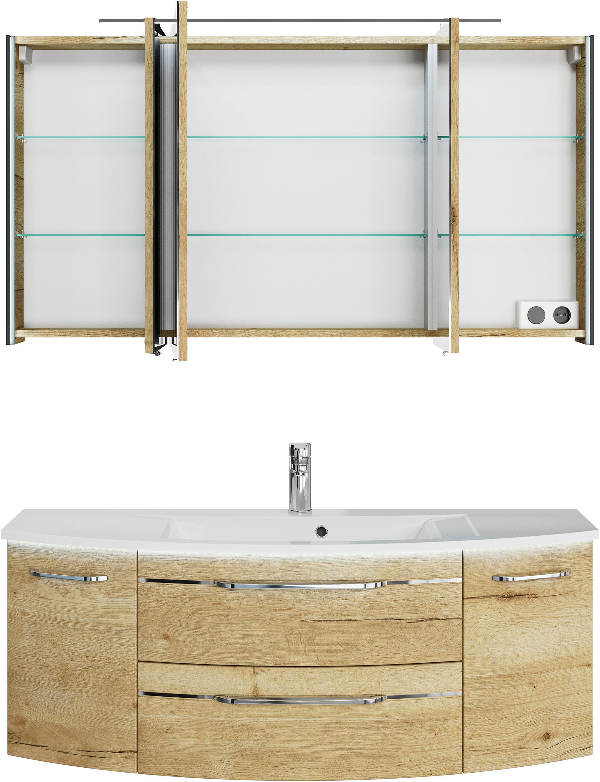 Saphir Badmöbel-Set »Serie 7045 2-teilig Mineralmarmor-Waschtisch mit LED-Spiegelschrank«, (Set, 2 St.), Badezimmer-Set 133,2 cm breit, inkl. Türdämpfer, 5 Türen, 2 Schubladen