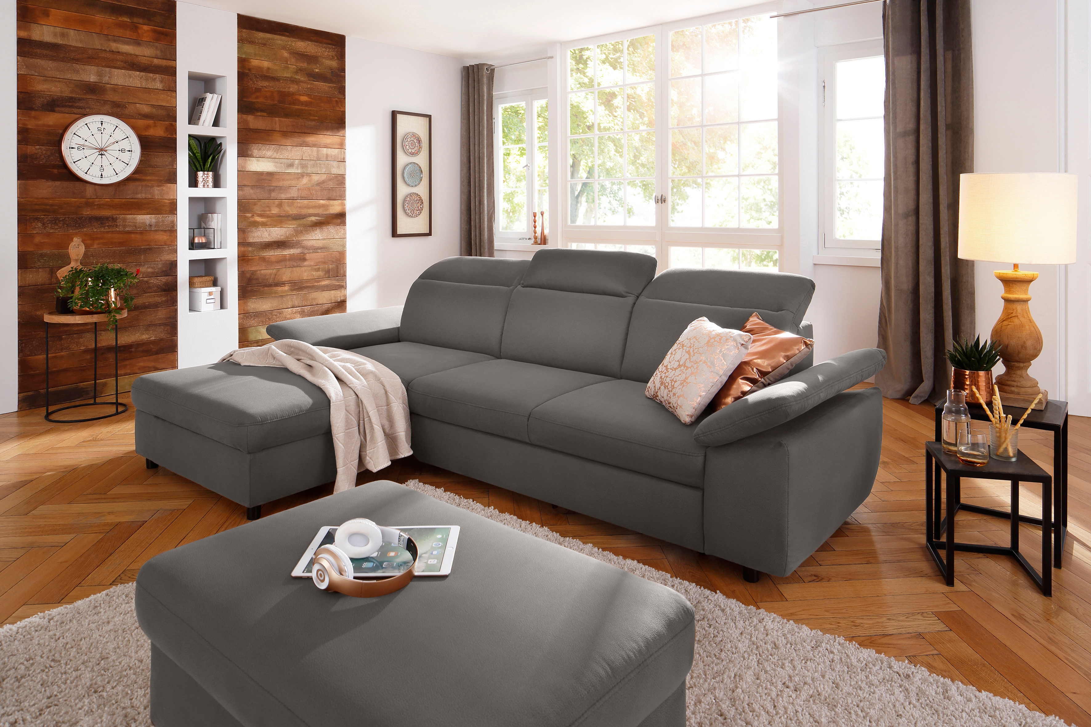 OTTO home Ecksofa "Mauritius L-Form" mit Kopfteil- und Armlehnverstellung, Schlaffunktion & Bettkasten