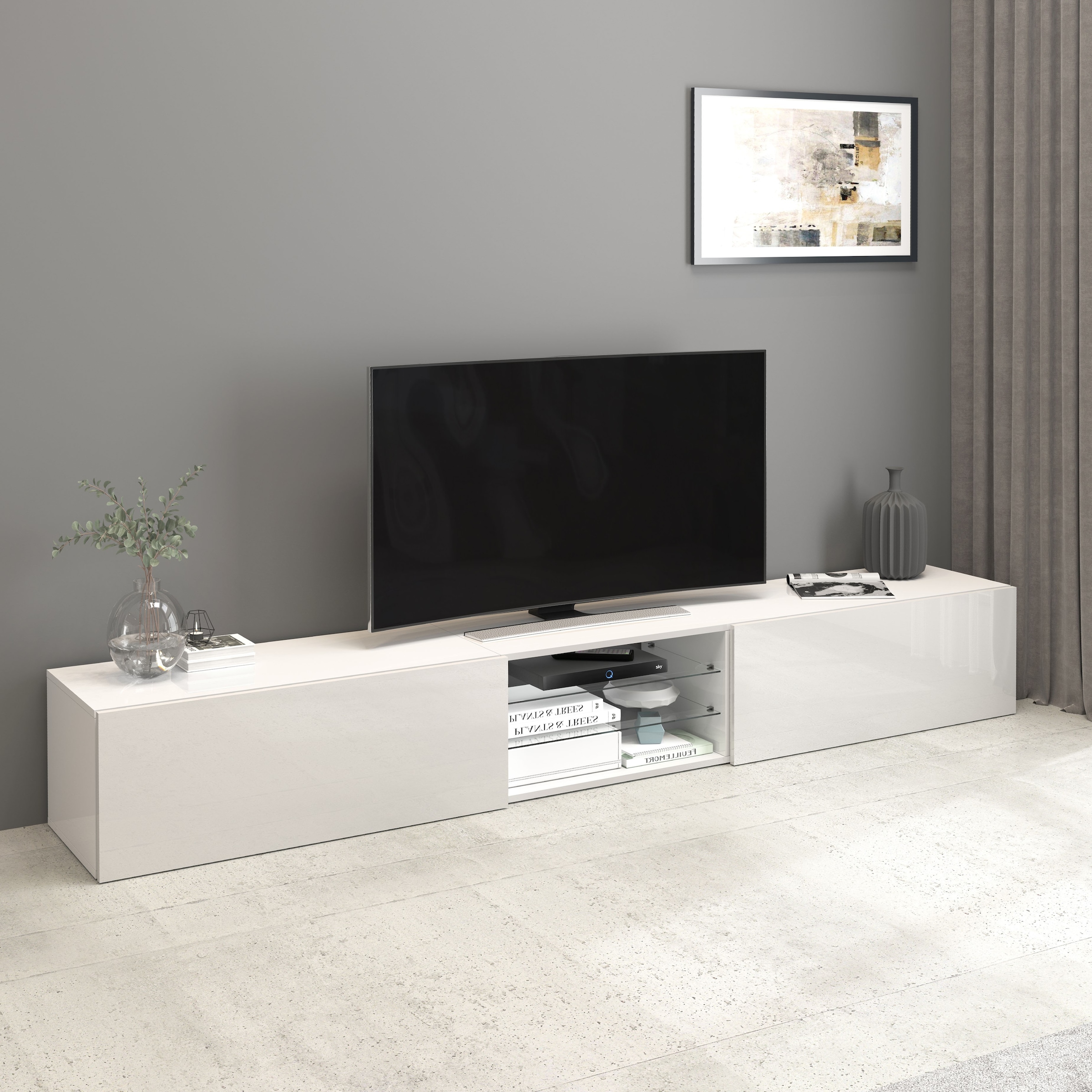 INOSIGN Lowboard »Egypt,Lowboard,TV-Kommode,TV-Möbel,TV-Bank«, mit 2 Klappen, 2 Glasböden,kompl. Hochgl. lackiert (B/T/H)240x38x35 cm