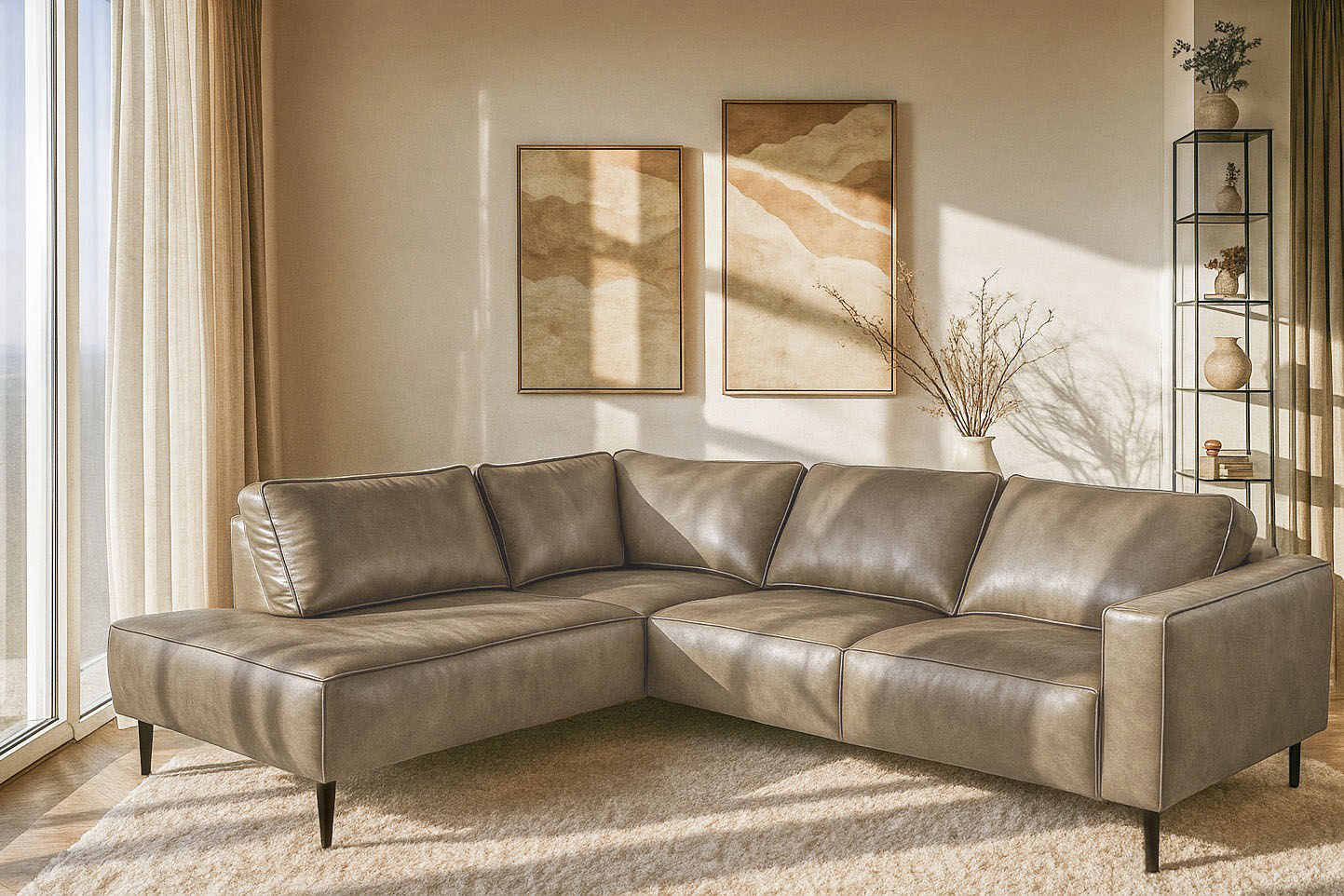 OTTO home Ecksofa "Fumone, Lederoptik oder Soft-Touch Chenille" Breite 260, mit schwarzen Massivholzfüßen