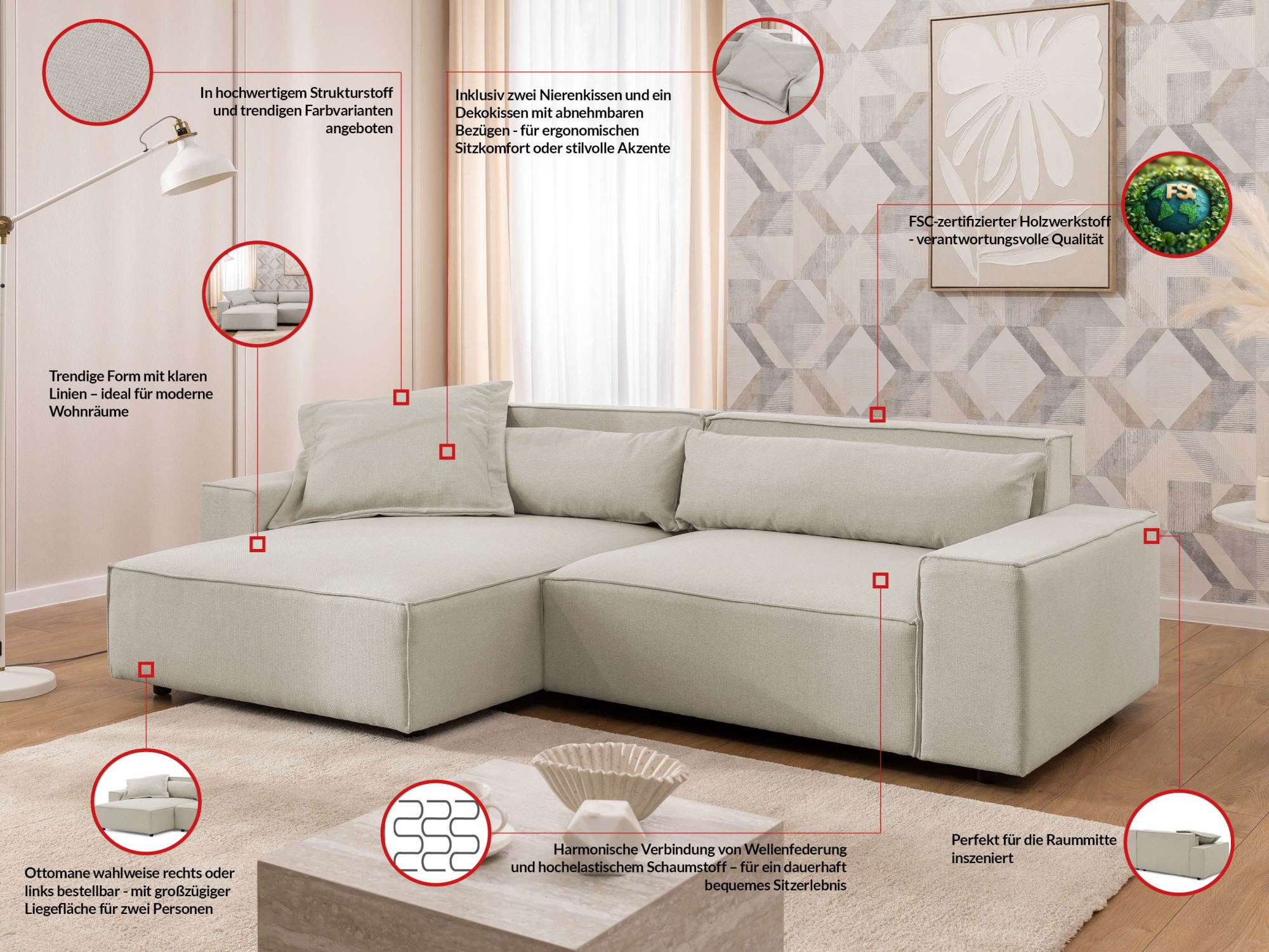 Thumbnail - OTTO home Ecksofa "KINLEE Design-Sofa mit Recamiere rechts/links, Maße B/T/H 251/144/70cm" L-Form mit Wellenunterfederun...