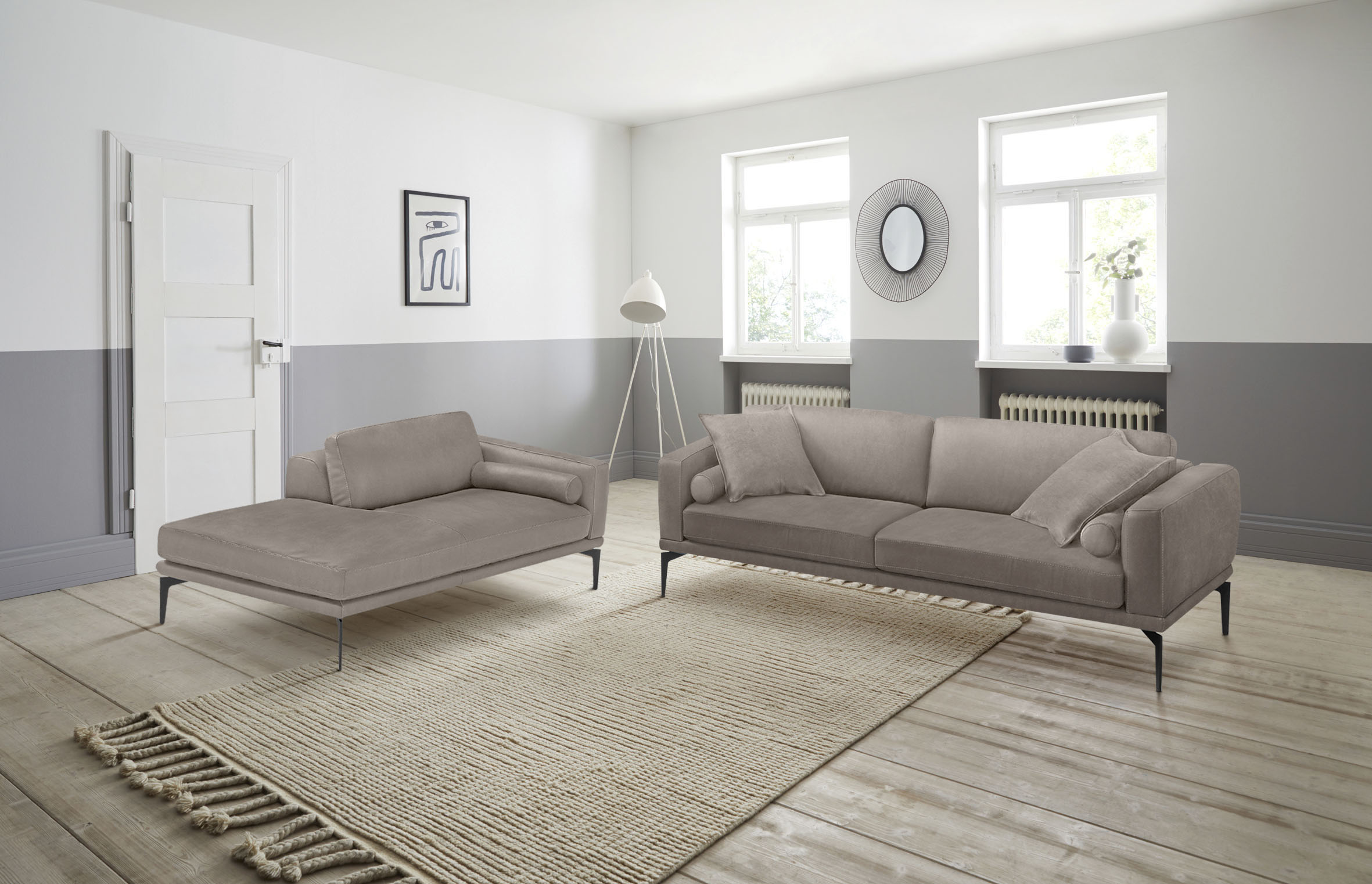 Egoitaliano Polstergarnitur "Masu, Design trifft sensationellen Sitzkomfort" Set besteht aus 2,5-Sitzer, freistehende Ottomane und 3 Rollkissen