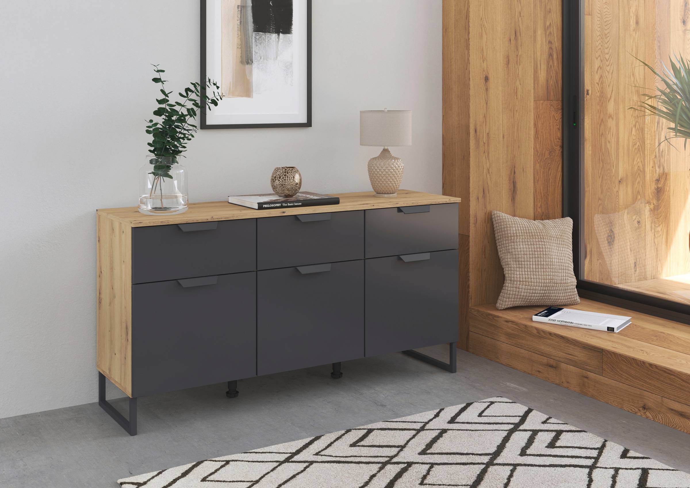 rauch Kombikommode »Dark&Wood by Aditio«, im Industrial Style mit Kufenfuß, 3 Schubladen mit Softclose-Funktion