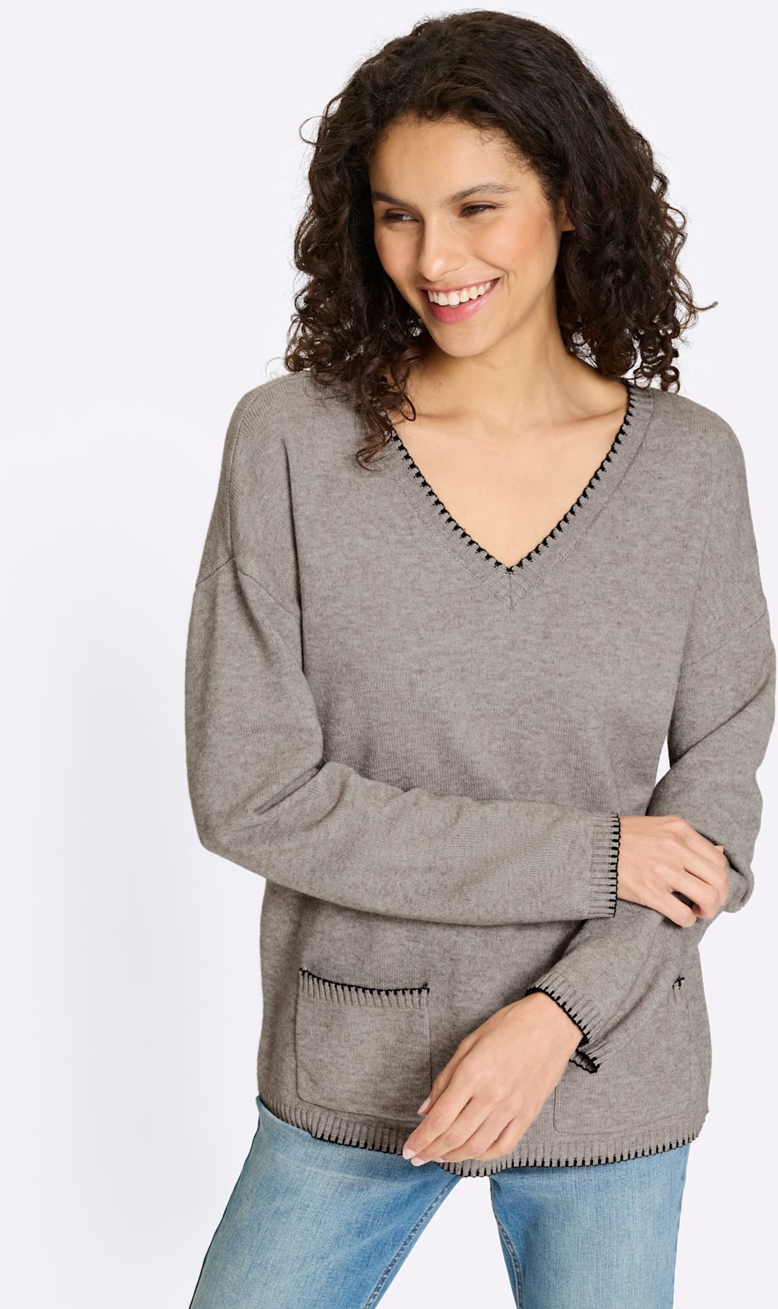 Strickpullover HEINE "Pullover", Damen, Gr. 38, taupe, meliert, 50% Viskose, 28% Polyester, 22% Polyamid, meliert, unifarben, Pullover Strickpullover