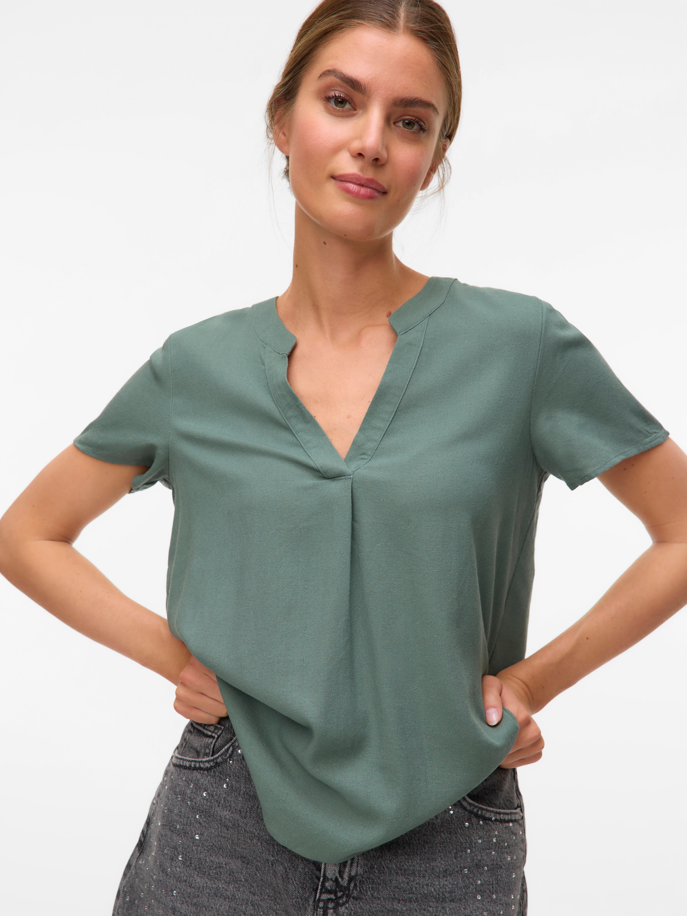 Vero Moda Blusenshirt "VMMYMILO SS V-NECK TOP WVN GA", mit Leinen günstig online kaufen