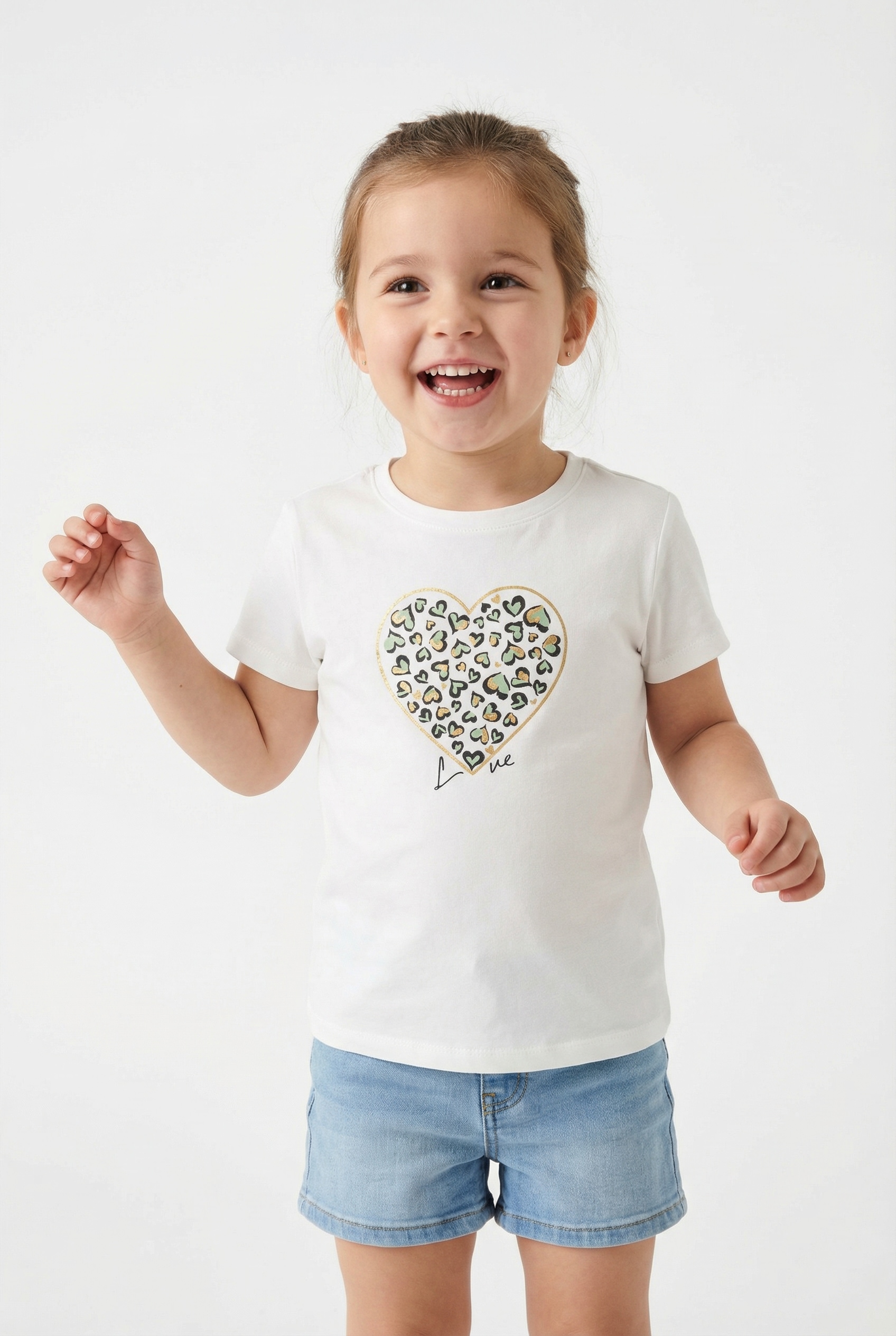 T-Shirt KIDS ONLY "KOGLANY-NINA LIFE LOVE S/S TOP FR JRS", Mädchen, Gr. 134/140, cloud dancer print:heart, aqua foam, gold, Jersey, Obermaterial: 100% Baumwolle, unifarben, Basic normal, Rundhals, Shirts T-Shirt, mit unterschiedlichen Motiven - je nach Bo