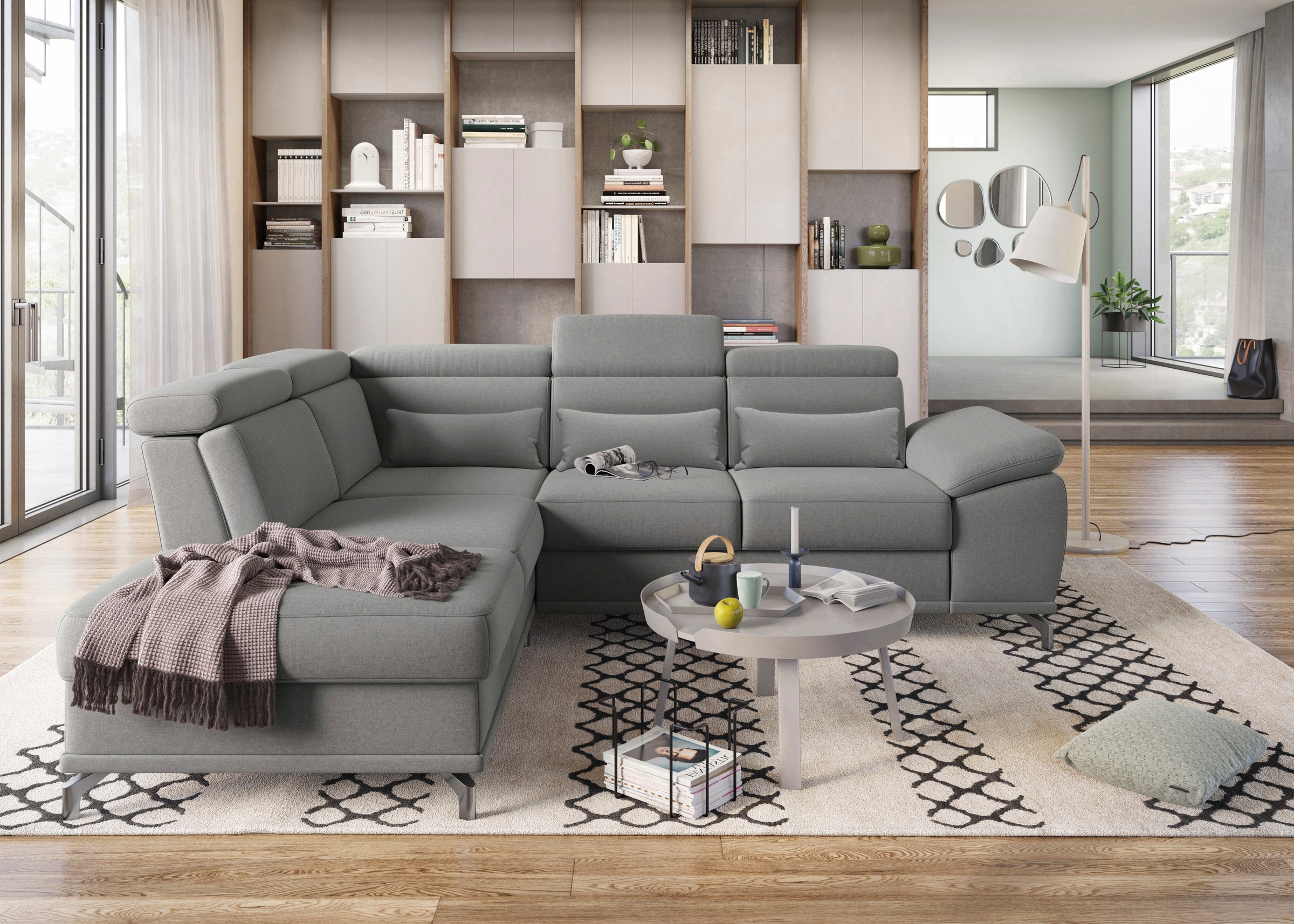 sit&more Ecksofa »Cabrio L-Form, B: 274 cm, mit Sitztiefen-, Arm- & Kopfteilverstellung« 3 Nierenkissen, Federkern, optional Bettfunktion und Stauraum