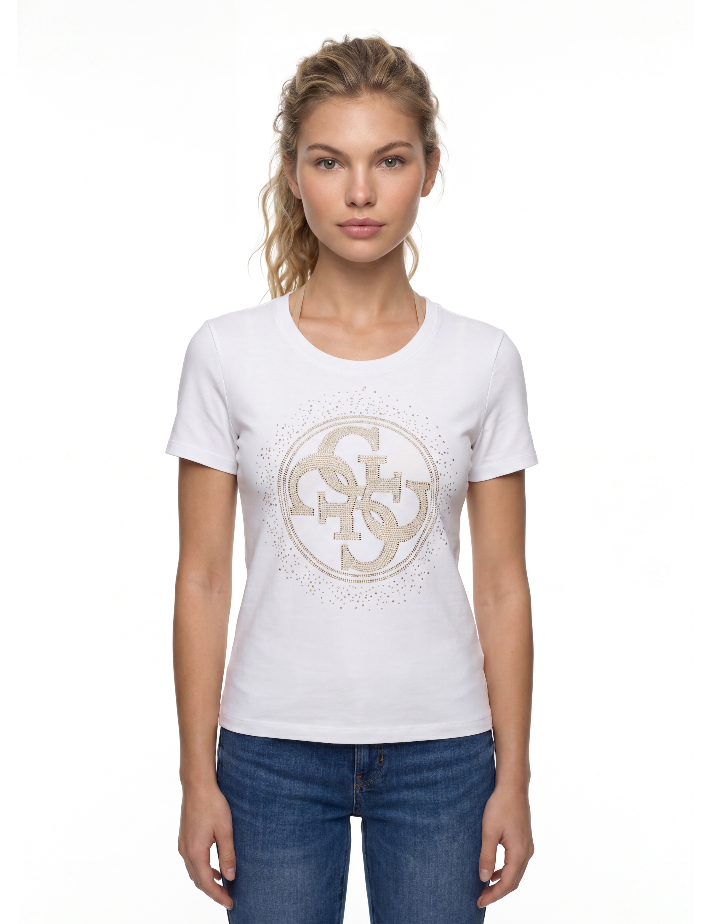 Guess Damen Pure Weiß T-Shirt "Cn 4G Round Crystals Logo" Mit Markantem Logodesign Regular Fit erhältlich in Größe L/M/S/XL/XXL von Baur - Bild 3