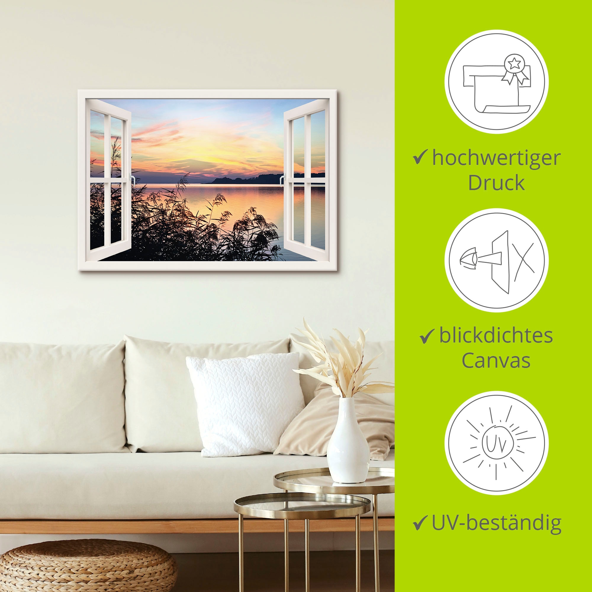 Artland Leinwandbild »Fensterblick - Abendrot im Schilf, weiß«, Fensterblick, (1 St.), auf Keilrahmen gespannt