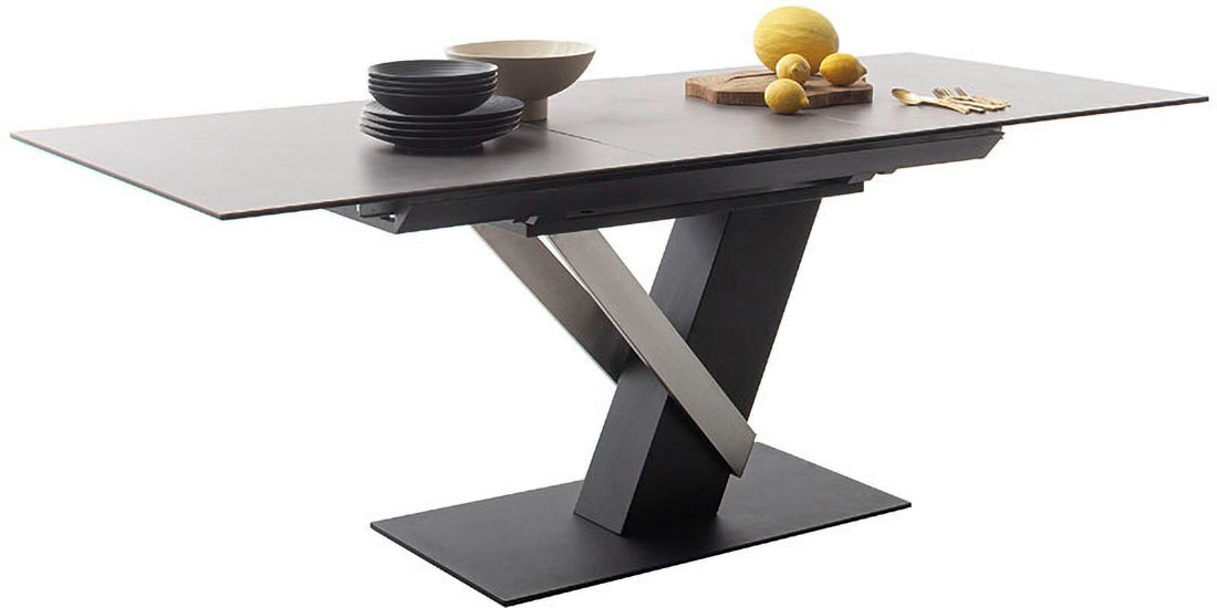 Esstisch MCA FURNITURE "MASSARO Tisch mit Säule 160-210 cm", grau (hellgrau, schwarz matt lackiert, hellgrau), B:160cm H:76cm T:90cm, Keramik / Sicherheitsglas schwarz lackiert / 11 mm, Metall;Säule: MDF, schwarz matt lackiert und Edelstahl gebürstetnBode 3
