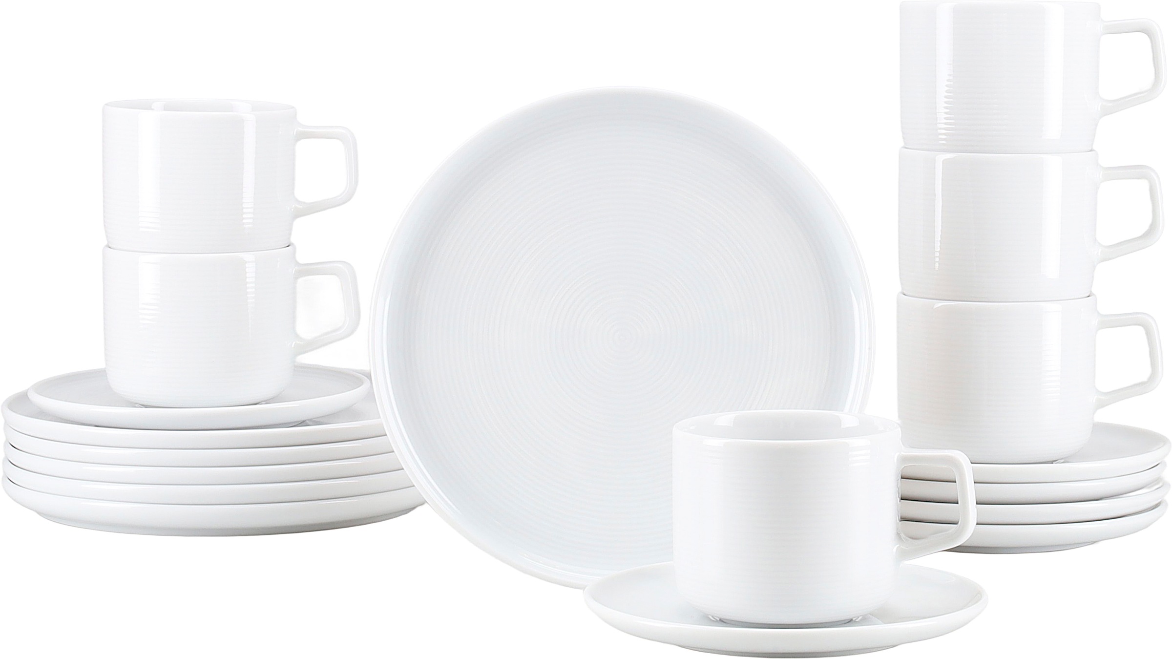 CreaTable Kaffeeservice "Session, Service, 18-tlg." Teller ohne Fahne mit großem Spiegel, Elegantes Rillenrelief