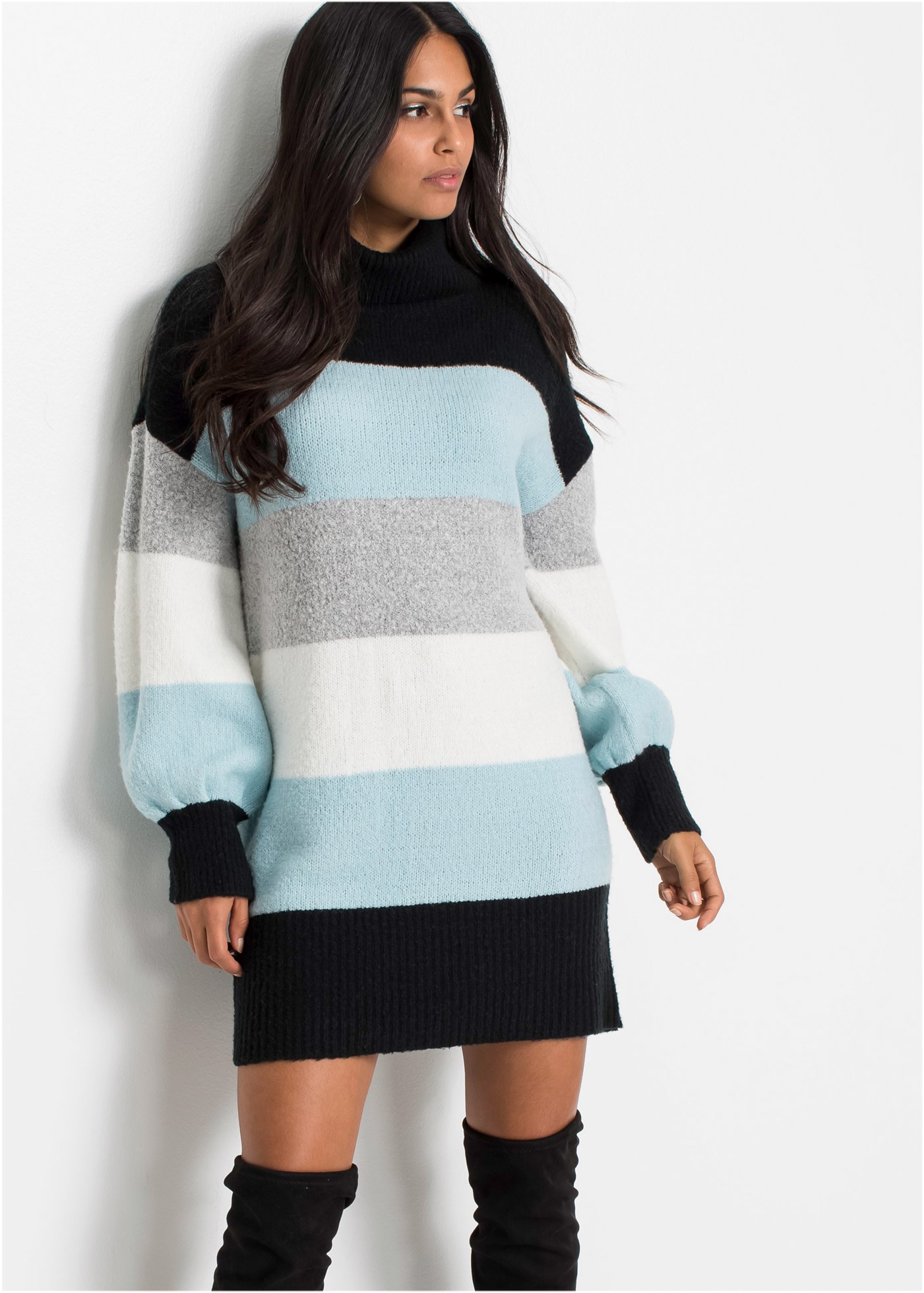 bonprix Longpullover "Long-Pullover" mit Rollkragen, oversized Passform, weite Ärmel mit Bündchen