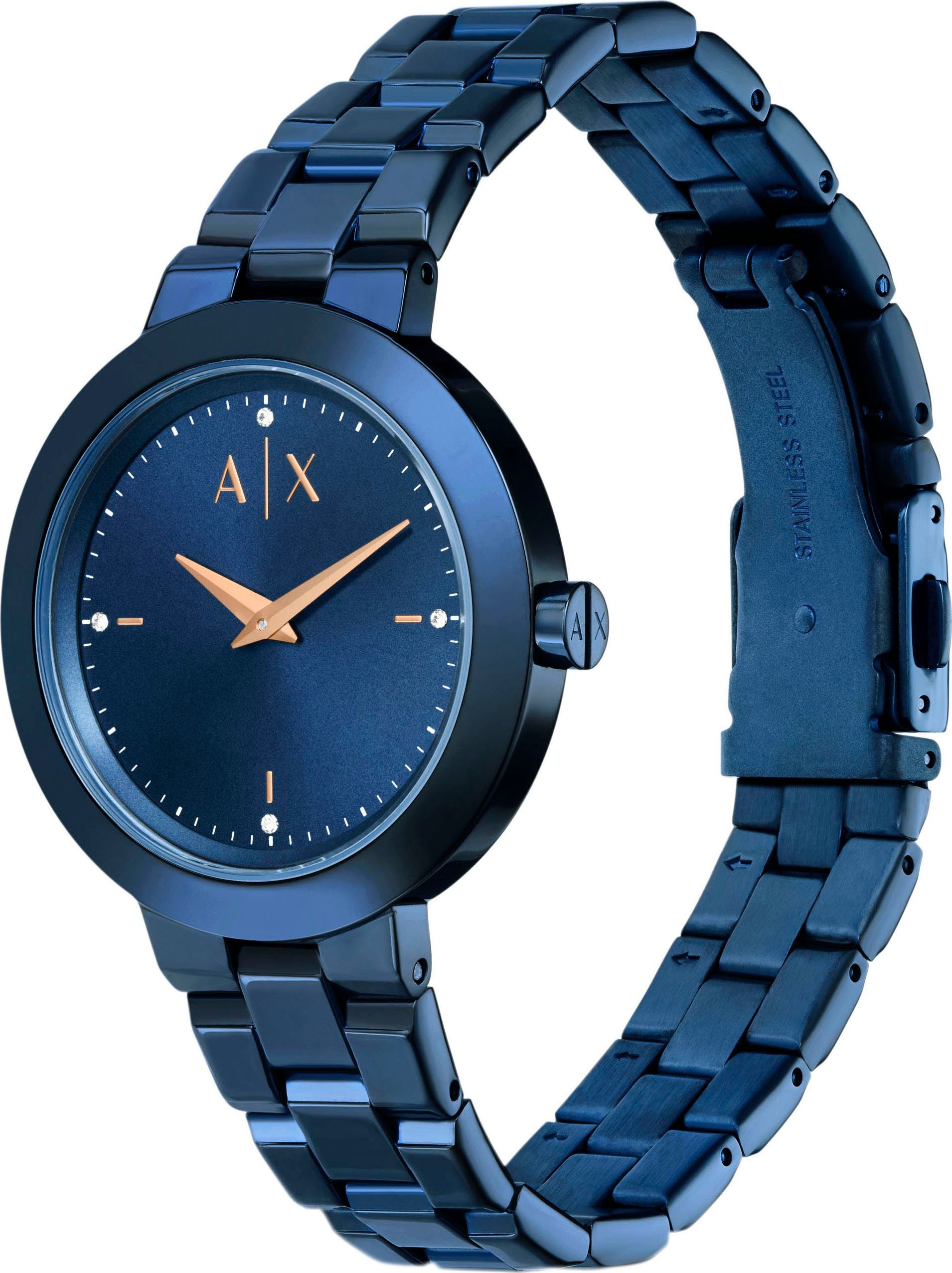 ARMANI EXCHANGE Quarzuhr, Armbanduhr, Damenuhr, Edelstahlarmband, analog, Glassteine