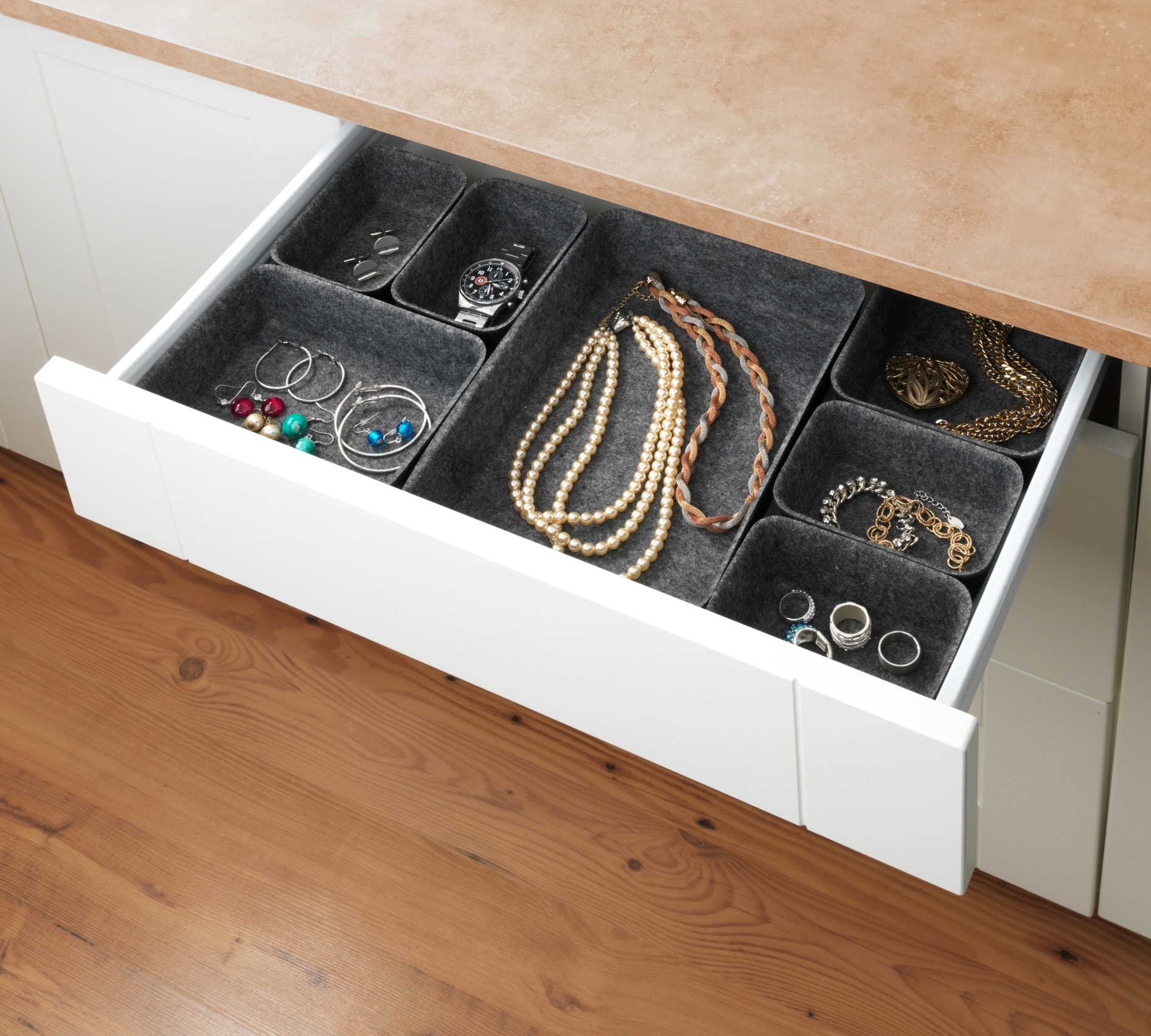 WENKO Organizer, (Set, 7 St.), Aufbewahrungsboxen für Schubladen, 3 Größen, recycelter Polyesterfilz
