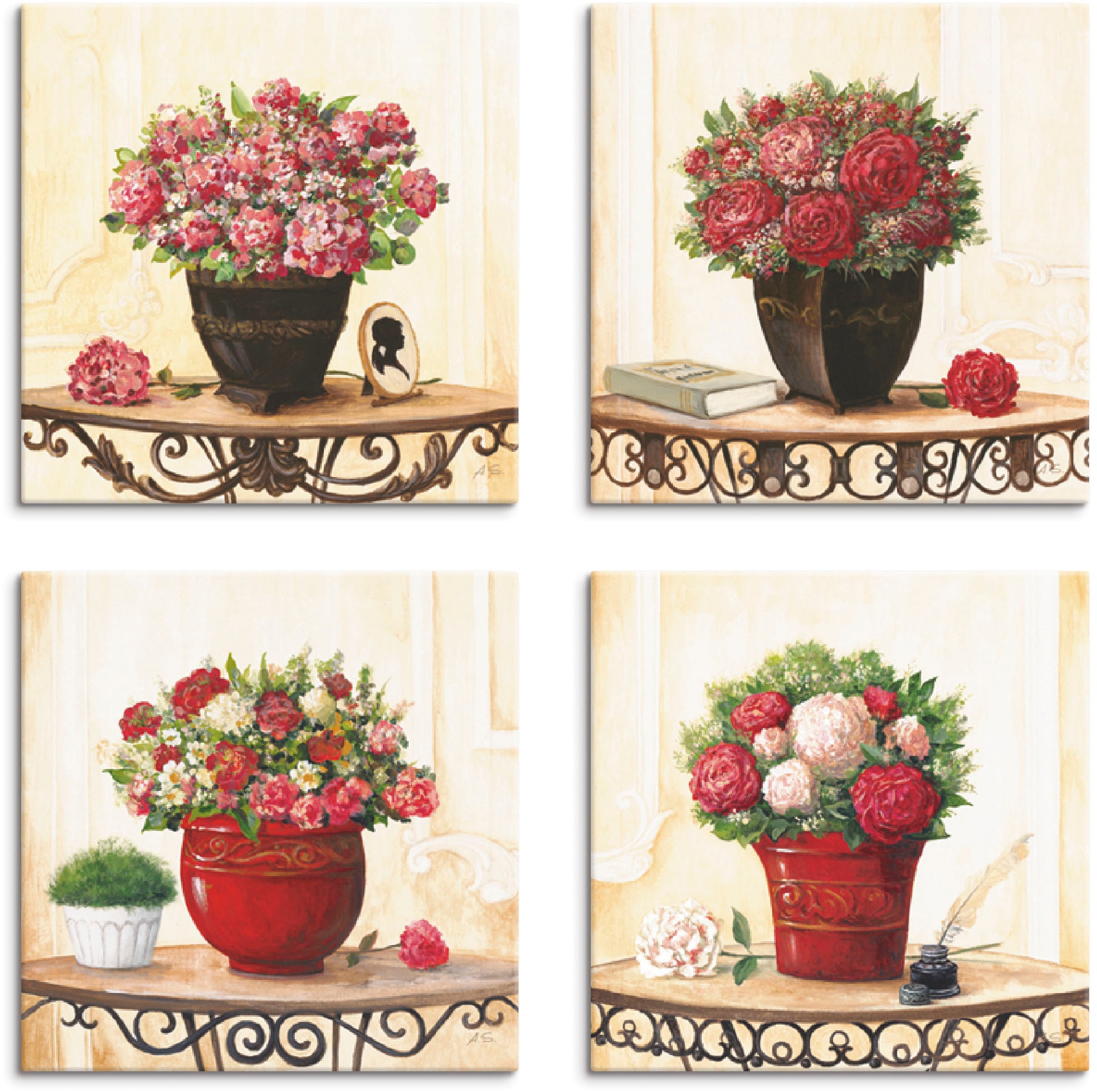 Artland Leinwandbild "Hortensien Nelken Rosen Pfingstrosen", Blumen, (4 St.), 4er Set, verschiedene Größen