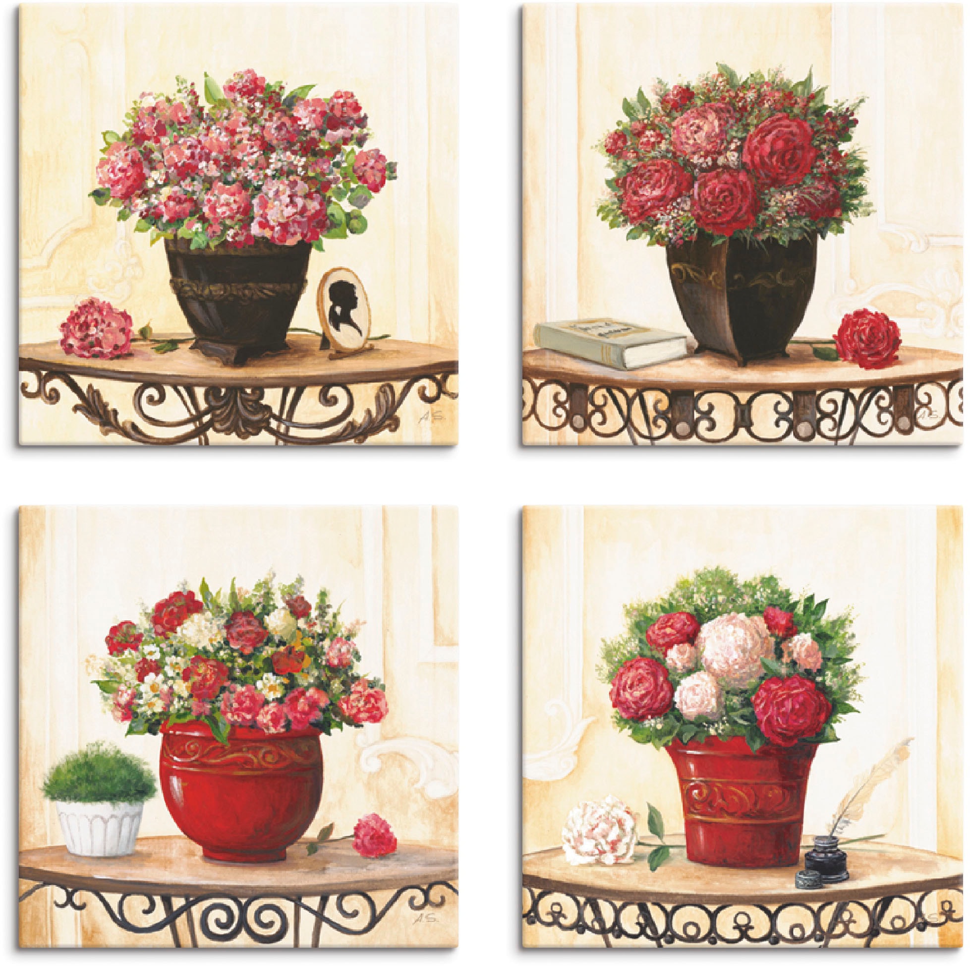 Artland Leinwandbild "Hortensien Nelken Rosen Pfingstrosen" Blumen 4 Stk. tlg. 4er Set, verschiedene Größen
