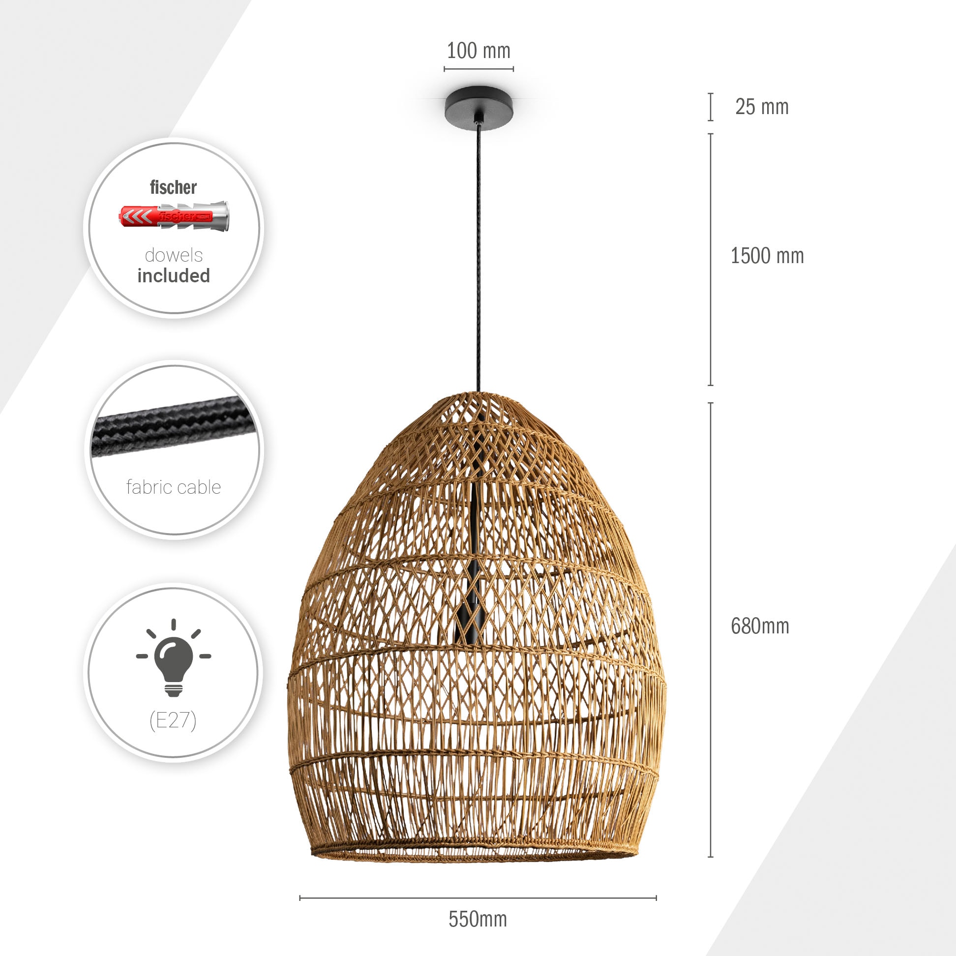 Boho BAUR | Wohnzimmer Rustikal LED Rattan E27 Natur Pendelleuchte »VIHMO«, Home Pendelleuchte Korb Paco