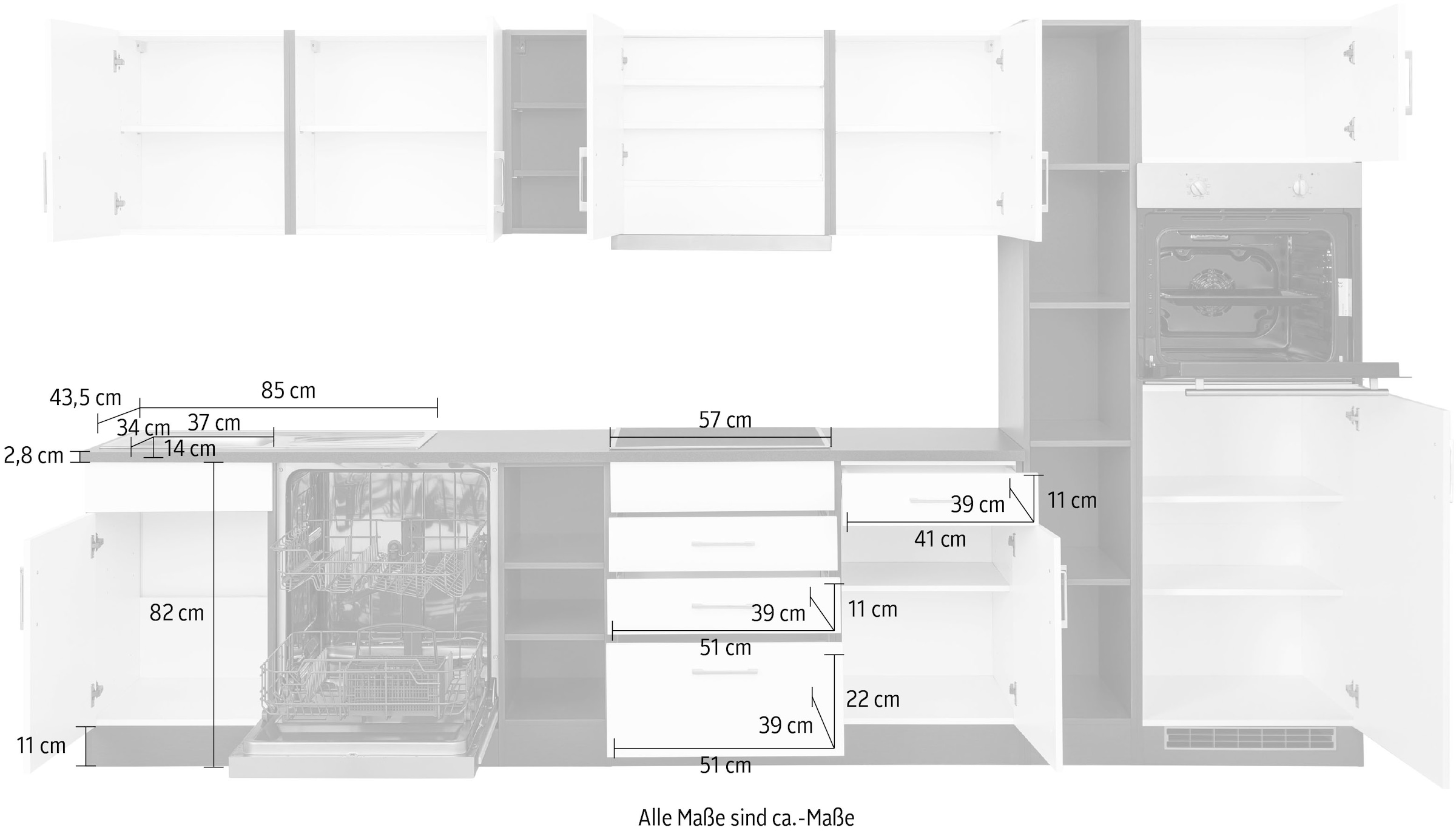 HELD MÖBEL Küchenzeile »Paris«, mit E-Geräten, Breite 340 cm, wahlweise mit Induktionskochfeld