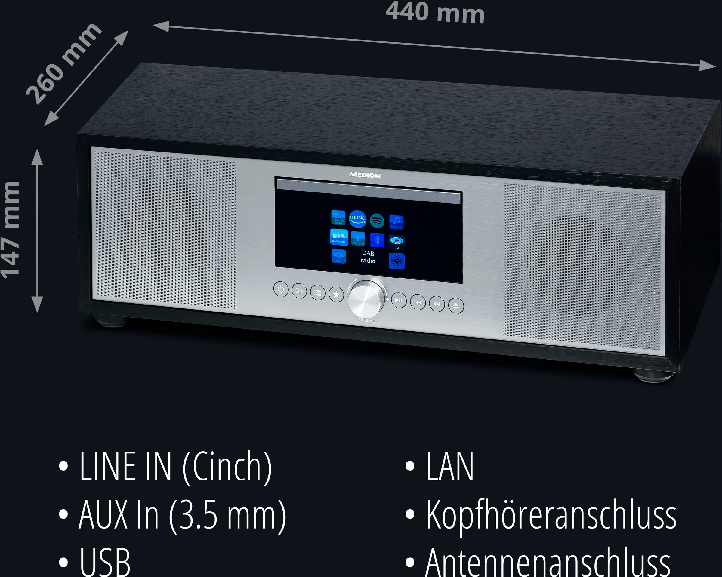 Medion® Internet-Radio »All-In-One Audio System LIFE® P-Serie«, (Bluetooth-LAN (Ethernet)-WLAN Internetradio-Digitalradio (DAB+)-UKW mit RDS-FM-Tuner 80 W)