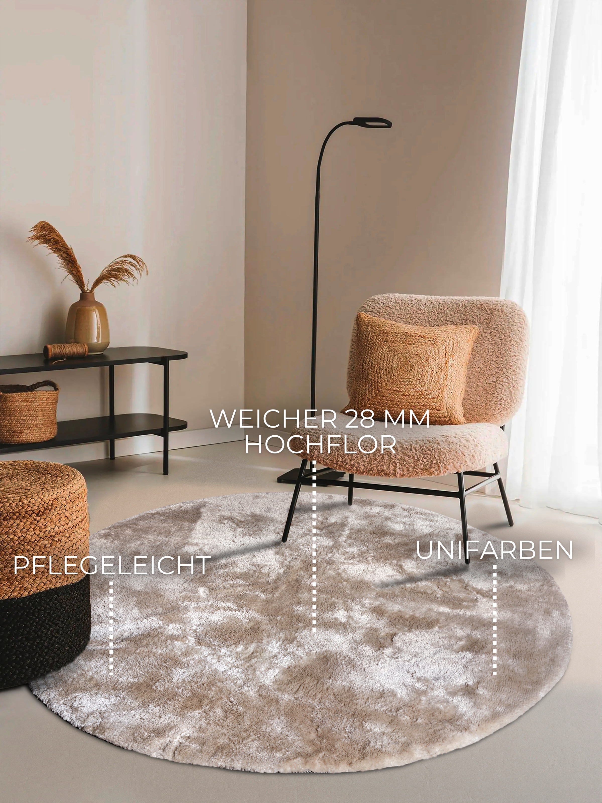 Thumbnail - ELLE DECORATION Hochflor-Teppich "Calida", rund, 28 mm Höhe, Langflor, Shaggy, einfarbig, flauschig, weich, glänzend, mo...