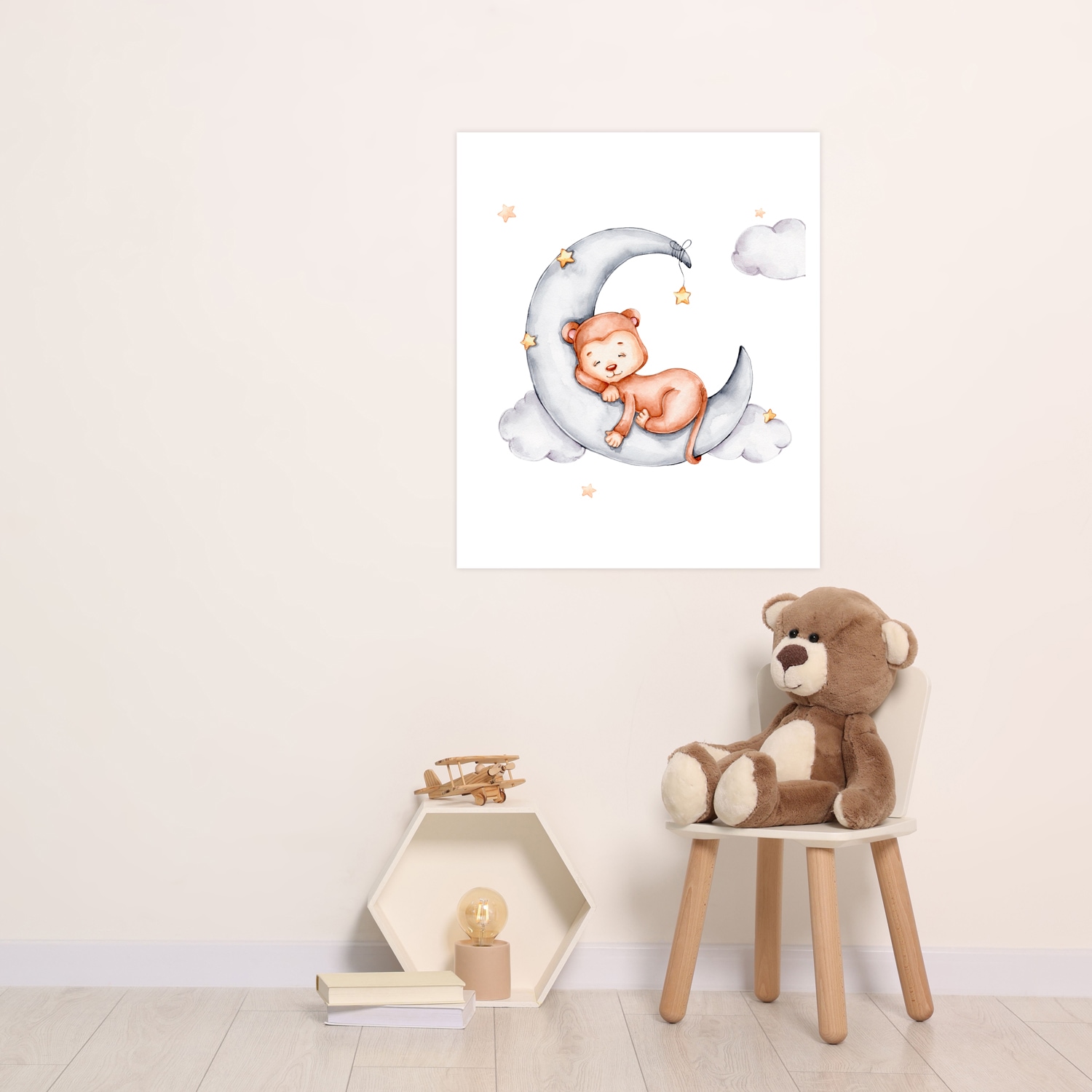 Lüttenhütt Bild mit Rahmen "oder Poster, Schlafender Affe auf Mond mit Sternen" Affen Affenbilder Fantasy Tiere 1 Stk. tlg. HD Premium Druck