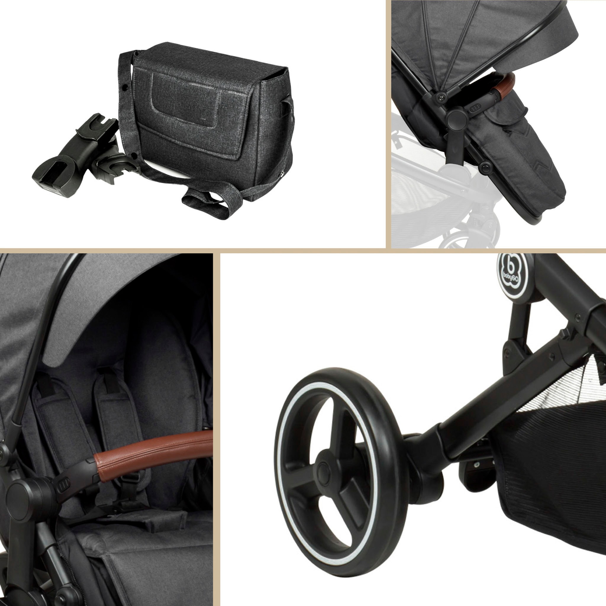 BabyGo Zwillings-Kombikinderwagen »Twinner Set, Grey melange«, 30 kg, inkl. 2 Regenhauben, Wickeltasche