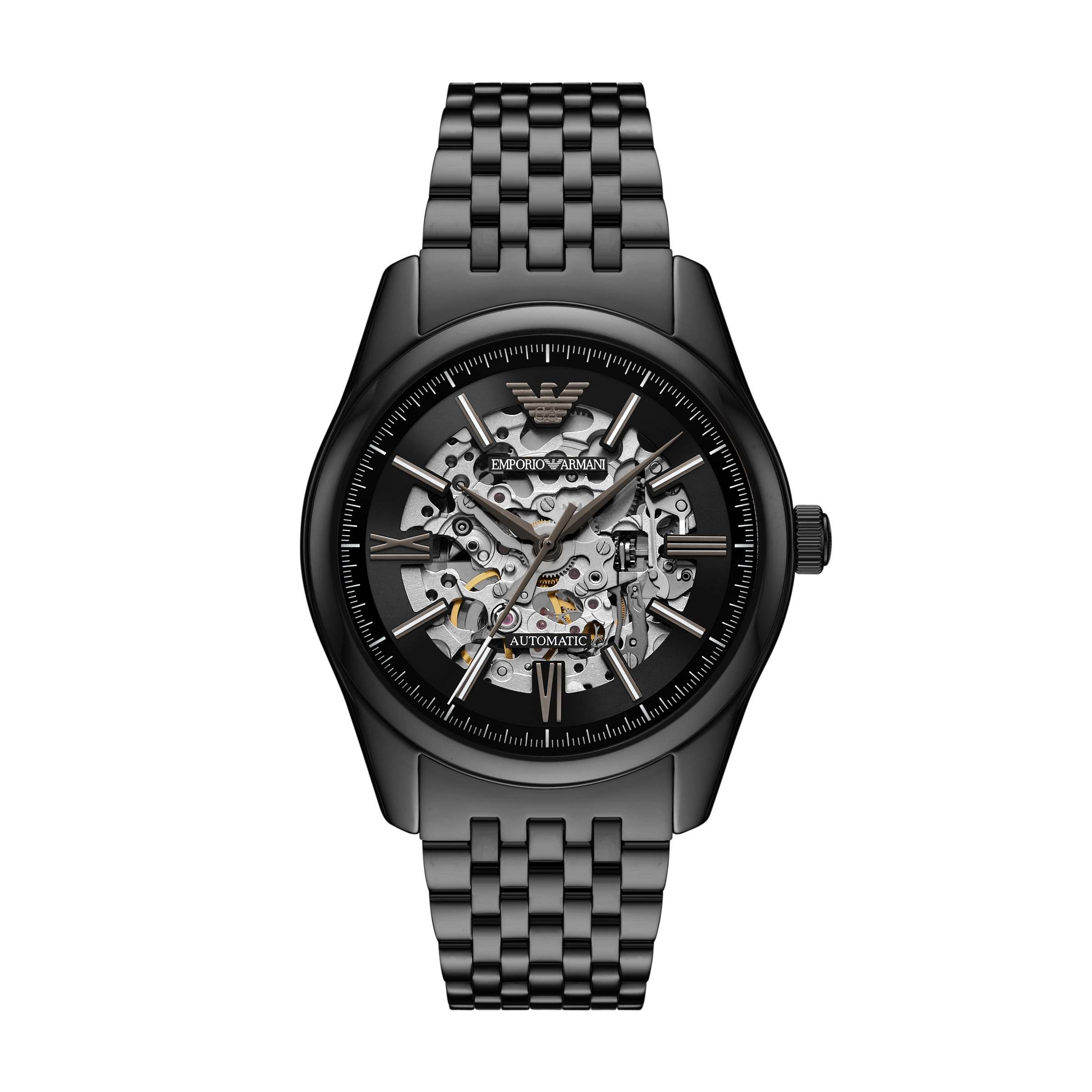 EMPORIO ARMANI Herren Automatikuhr, schwarz, Armbanduhren, Armbanduhr, Herrenuhr, Mechanische Uhr, Edelstahlarmband, analog