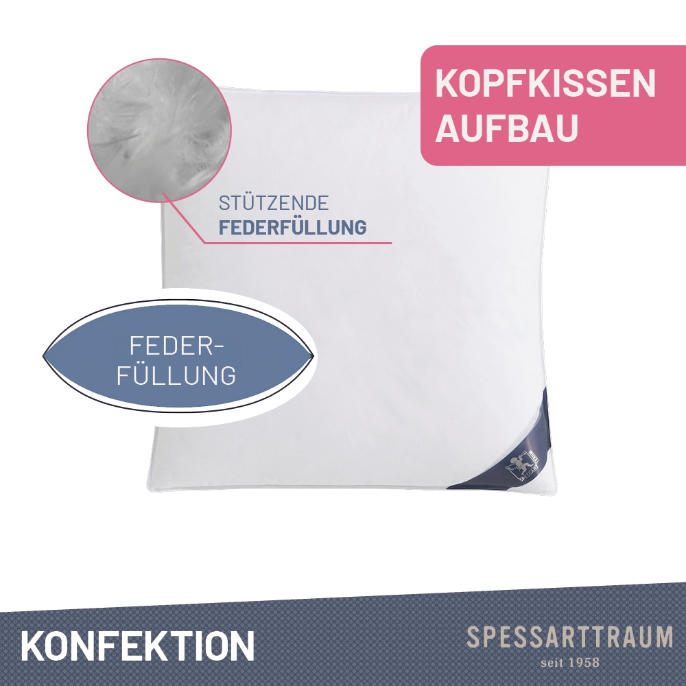 SPESSARTTRAUM Federkissen »FIRST CLASS«, Füllung: 100% Federn, Klasse 1, Downpass zertifiziert, Bezug: 100% Baumwolle, Made in Green, Hausstauballergiker geeignet, (1 St.), gute Stützkraft, Seitenschläfer & Rückenschläfer