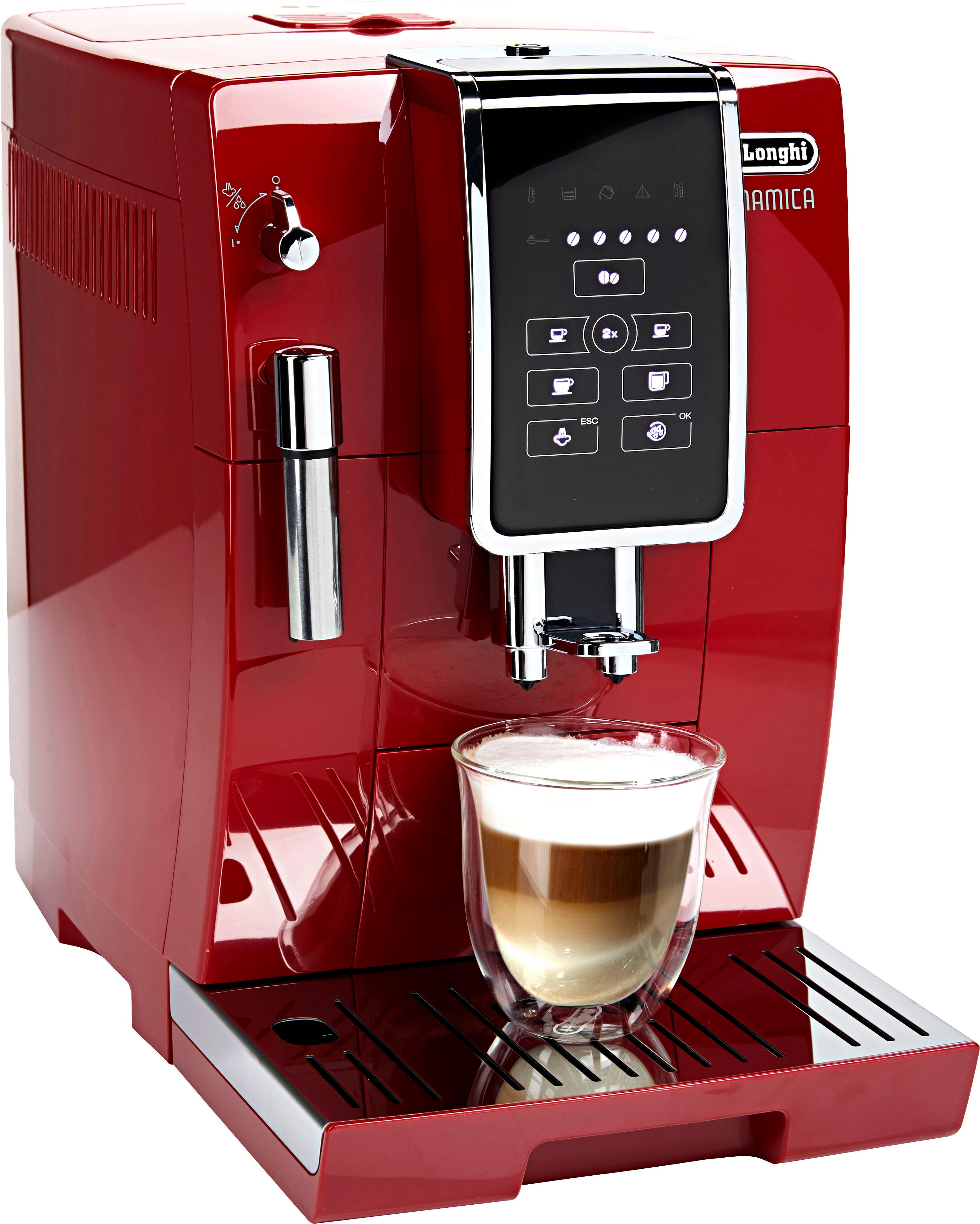 DeLonghi Kaffeevollautomat "Dinamica ECAM 358.15.R, Sensor-Bedienfeld" Milchaufschäumdüse, 300 g Bohnenbehälter, automatische Reinigung