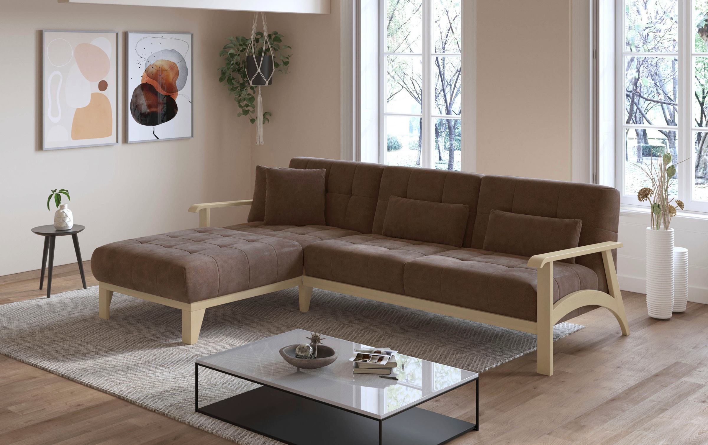 sit&more Ecksofa »Billund L-Form«, Armlehnen aus Buchenholz in natur, verschiedene Bezüge und Farben