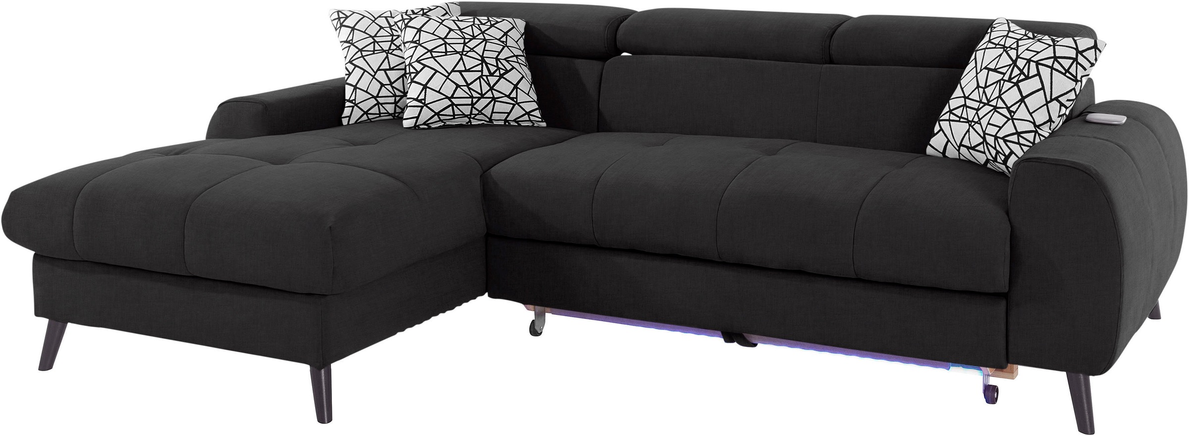 COTTA Ecksofa »Mia L-Form mit 3 Zierkissen«, wahlweise mit Bettfunktion, Bettkasten, Beleuchtung & Wireless-Charger