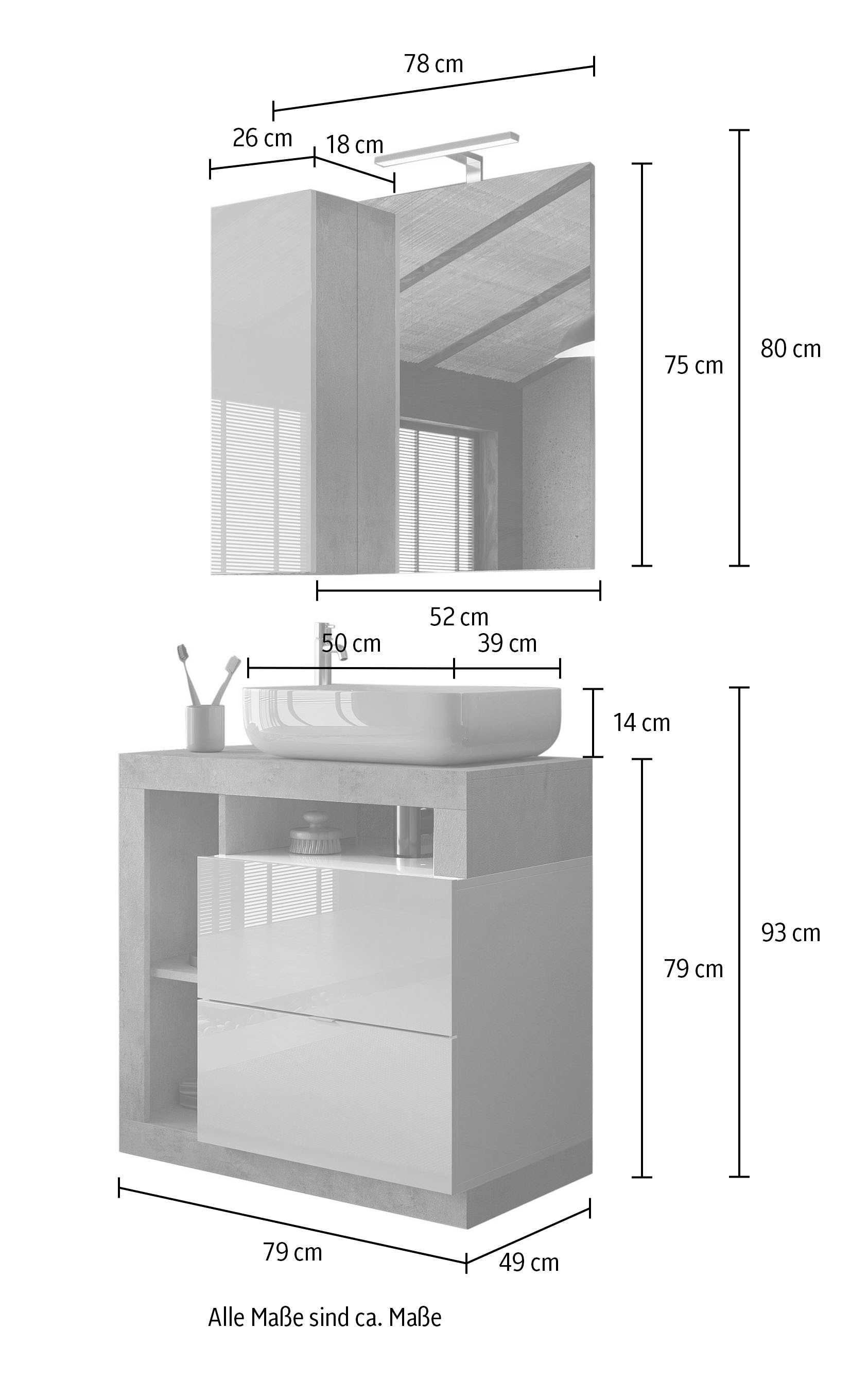 welltime Badmöbel-Set »Hamburg, Badezimmerset 2tlg. Breite 79 cm, Badmöbel, Waschtisch inkl.«, (Spar-Set, 2 St.), Waschbecken, Spiegelschrank mit LED Aufbauleuchte, Soft-Close-Funktion