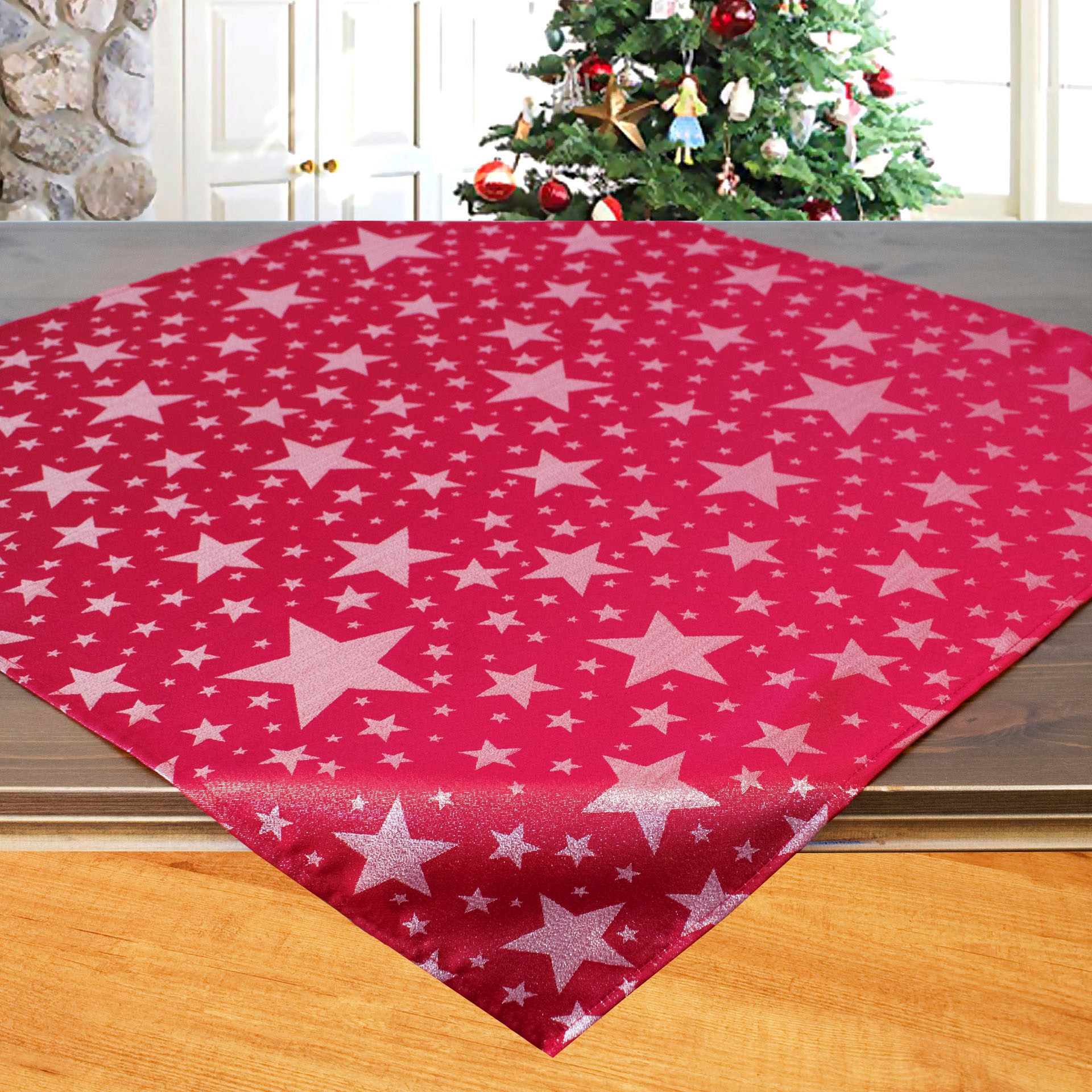 Mitteldecke, B:85cm L:85cm, rot, DELINDO LIFESTYLE, Metall, Polyester, Tischdecken, "Christsterne", Jacquard mit Lurexsternen