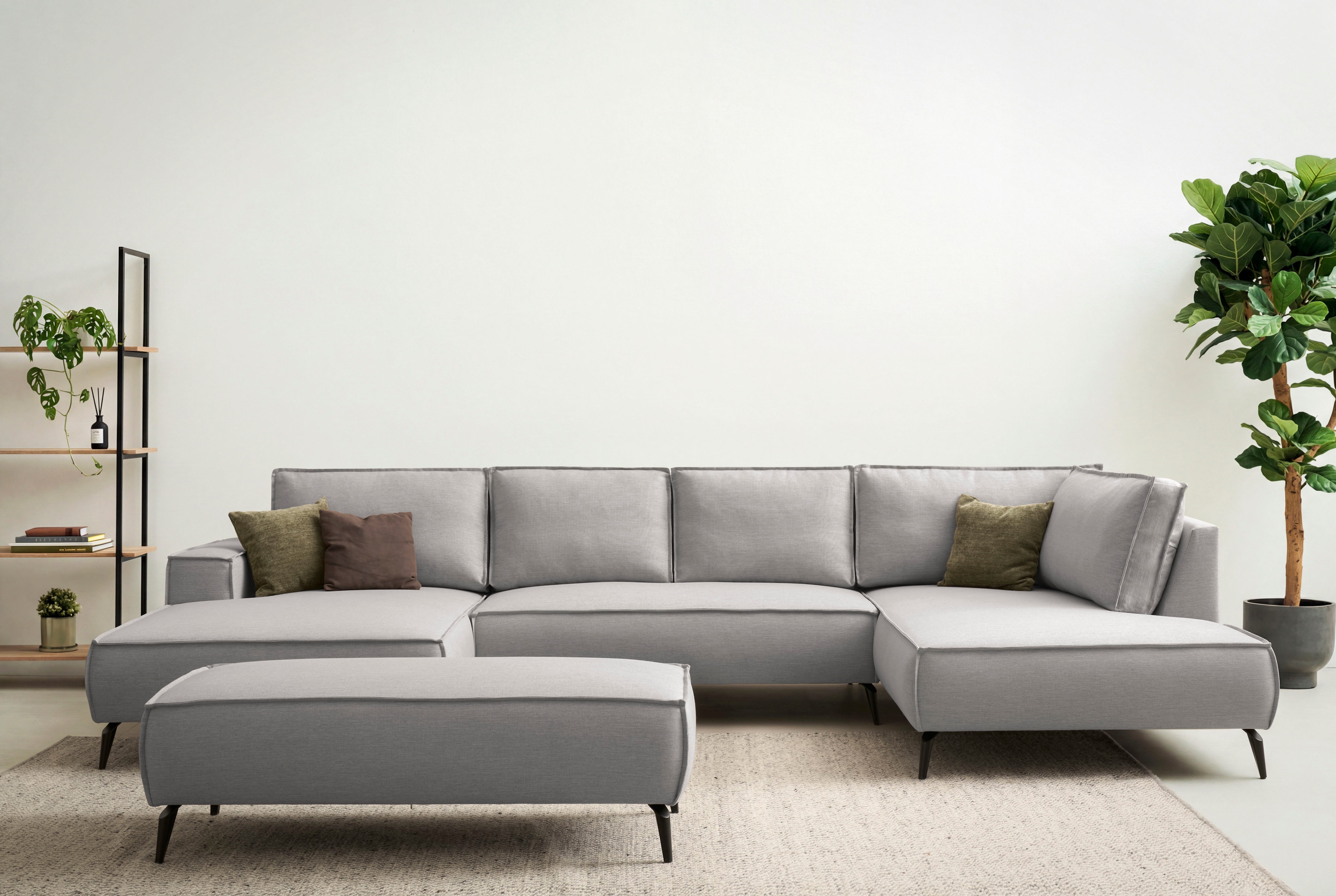 OTTO home Wohnlandschaft "TVINNU Leinenoptik, 354, mit Hocker" Recamiere rechts/links, stellbar zum Schlafsofa (Krokodilverbinder)
