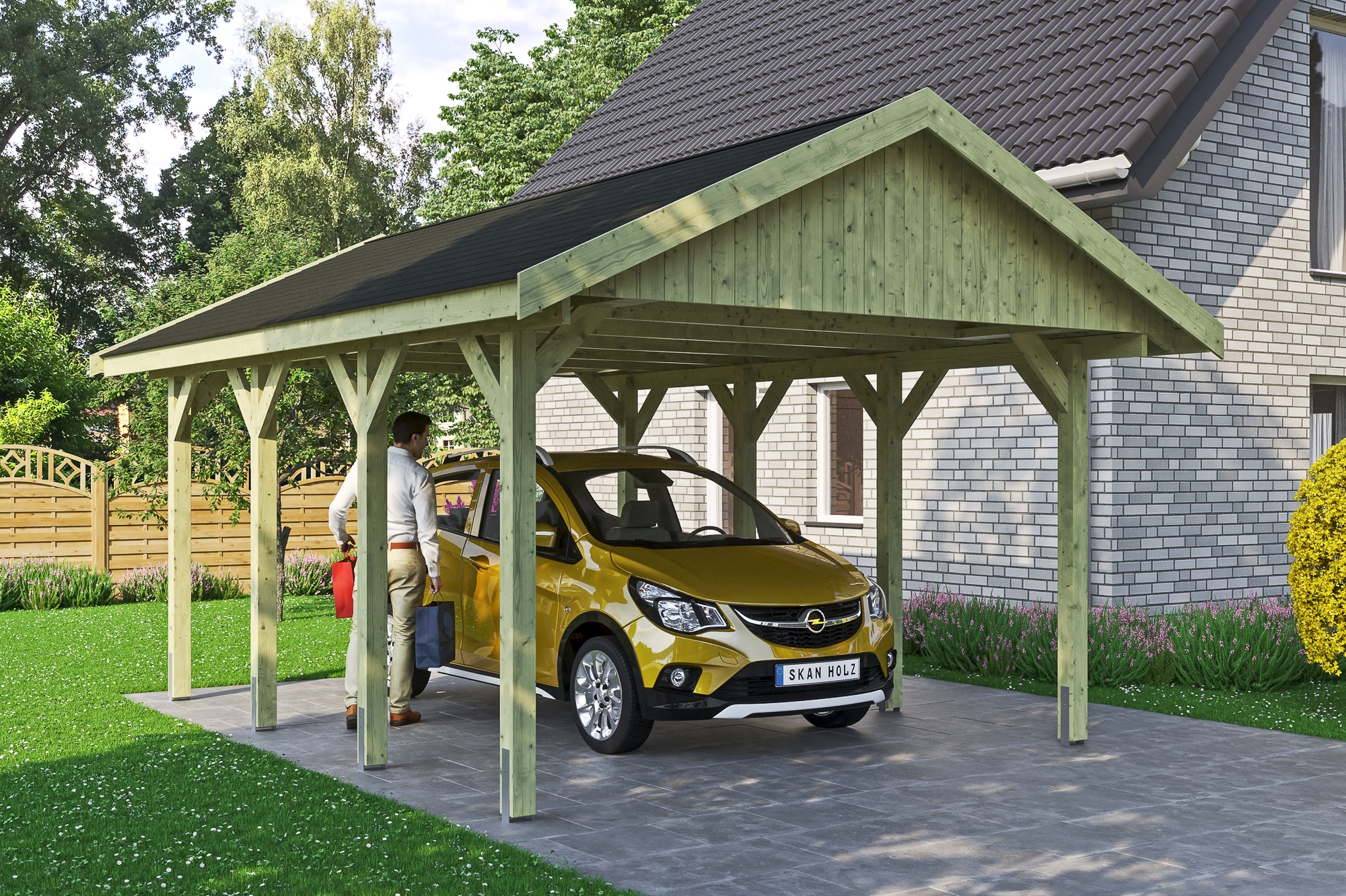Skanholz Einzelcarport »Wallgau«, Nadelholz, 340 cm, Grün, mit schwarzen Dachschindeln