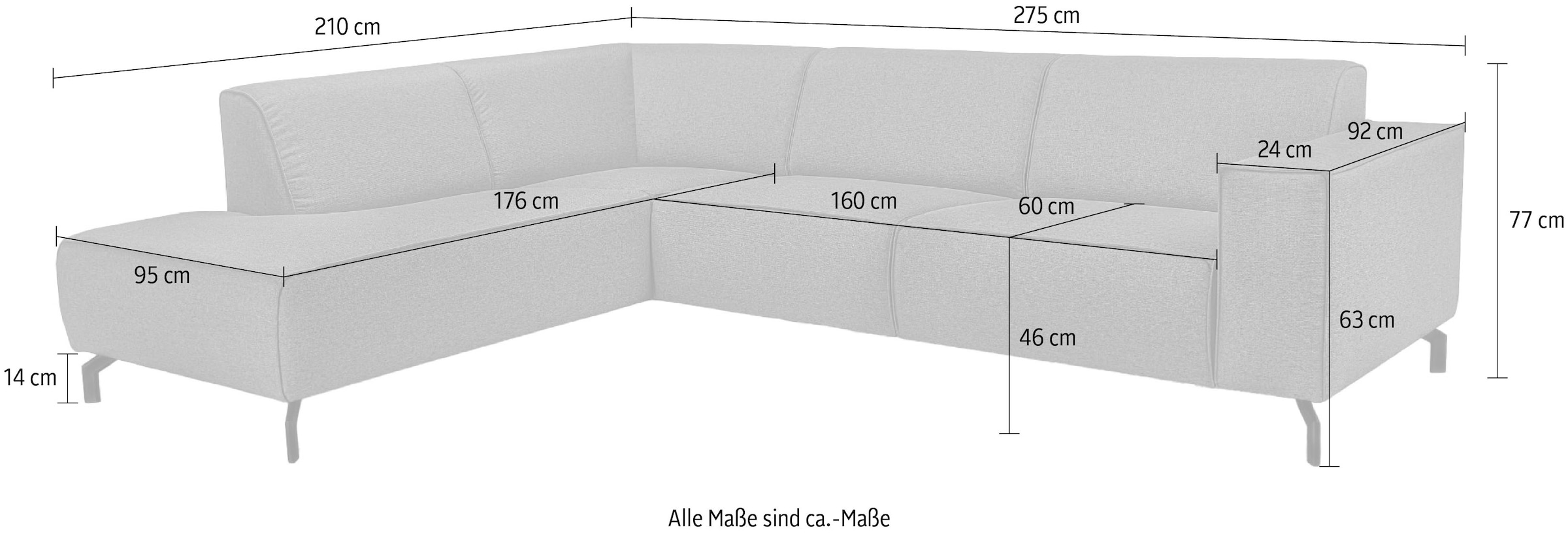 Places of Style Ecksofa »Lorcan, Breite 275 cm, weiches Sitzgefühl«, mit schwarzen Metallfüßen, Lederoptik und in weichem Strukturstoff