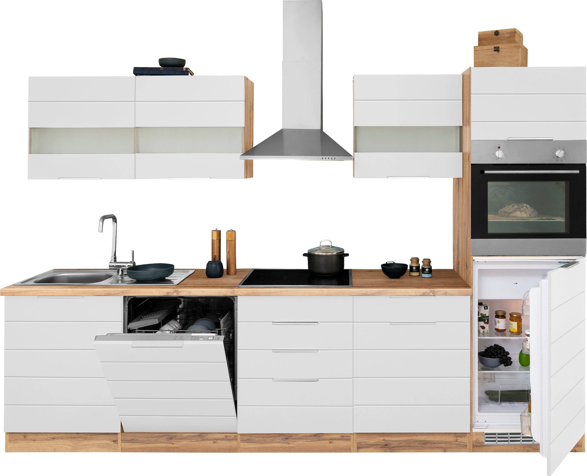 KOCHSTATION Küche »KS-Luhe«, 300 cm breit, wahlweise mit oder ohne E-Geräten, gefräste MDF-Fronten
