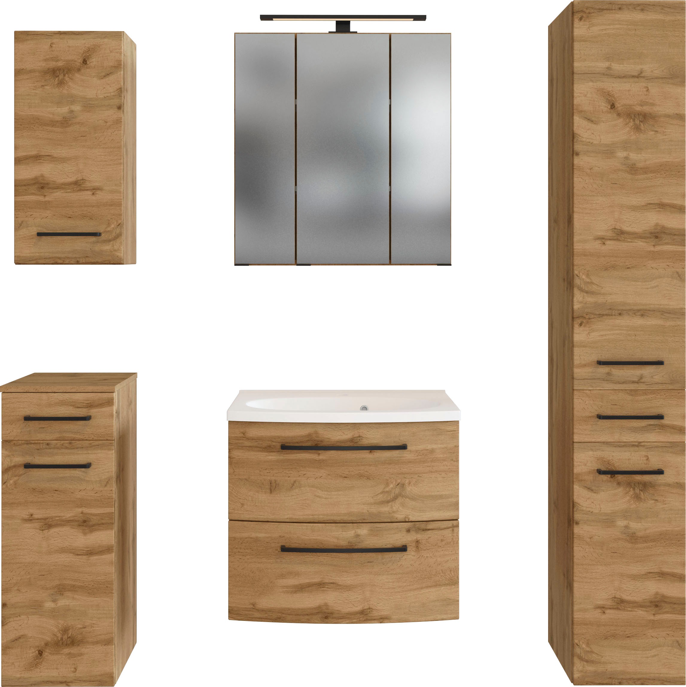 welltime Badmöbel-Set »Chicago«, (5 St., Spiegelschrank, Waschtisch, Hängeschrank, Unterschrank, Seitenschrank)