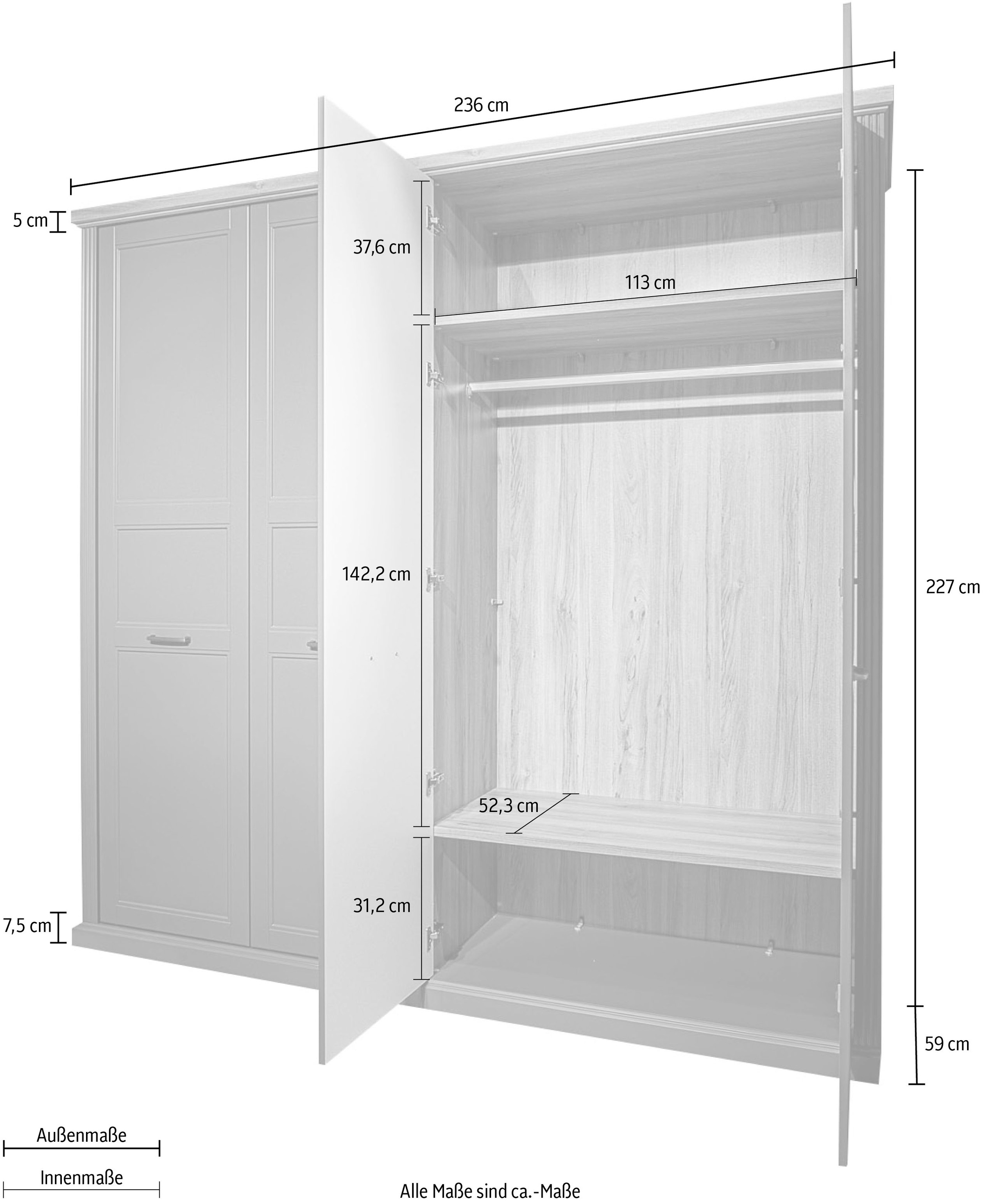 Home affaire Kleiderschrank »Tara, wahlweise 4 Breiten, hoher Schrank 227cm, soft-close-Funktion«, (Landhausstil mit Kranzprofil und Kasettenoptik, Innen Holzdekor), lackiert mit hochwertigen wasserbasiertem UV-Lack, FSC-zertifiziert